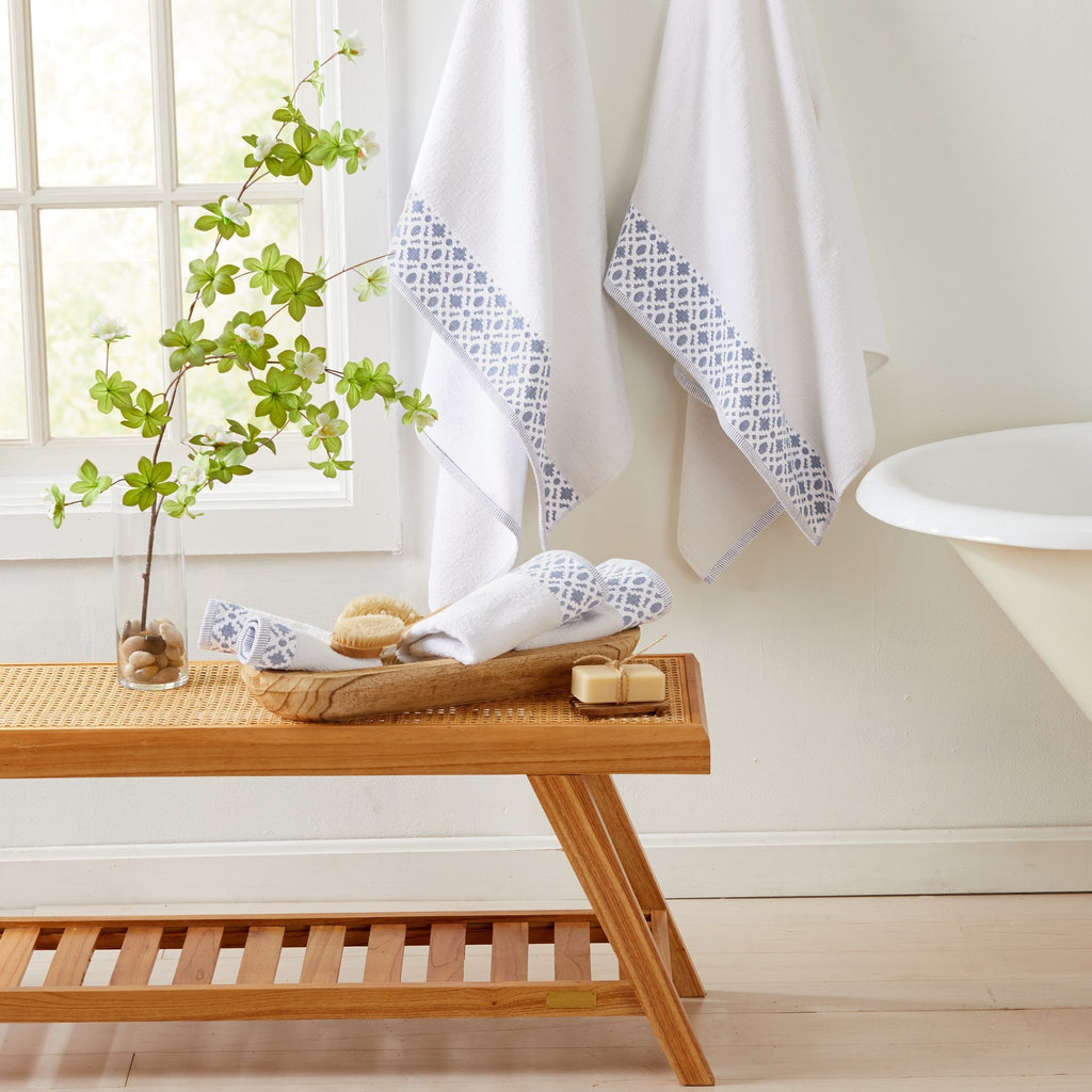 Nitra Collection Cotton Luxury Bath Towels by Market & Place featuring premium 100% cotton construction with an elegant geometric dobby border. Available in multiple colors and set configurations, including bath towels, hand towels, and washcloths, shown folded and stacked to highlight their soft, plush, and absorbent texture.