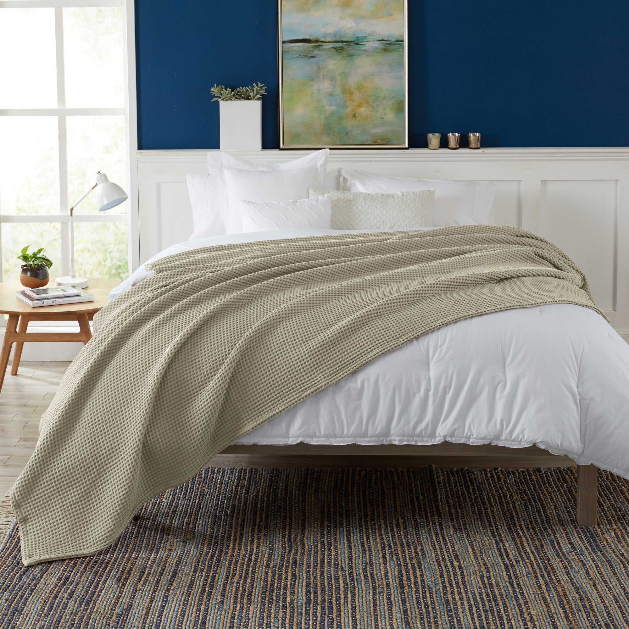Brielle Collection Cotton Waffle Blanket by Market & Place featuring soft, breathable 100% cotton construction with a classic waffle weave texture. Available in multiple colors and shown folded, layered on beds, and in detailed fabric close-ups, highlighting its lightweight comfort and versatile year-round style.