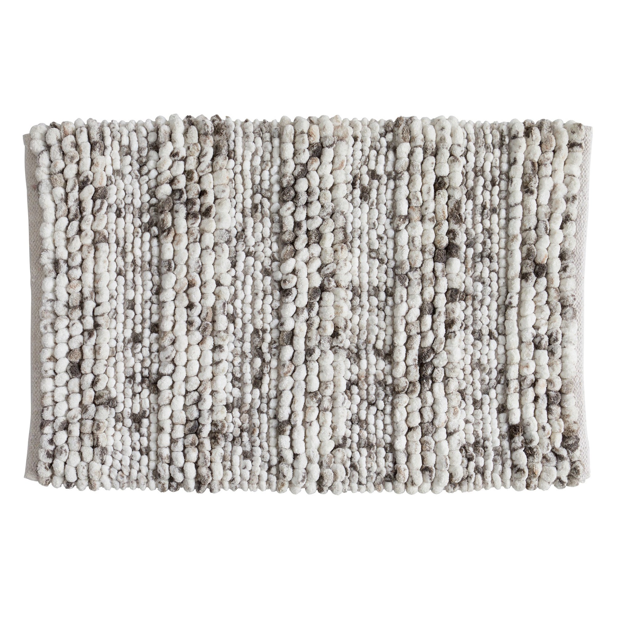 Space-dyed microfiber bath rug featuring a textured pebble-like surface in soft ivory and gray tones. The plush, absorbent design adds comfort underfoot while bringing subtle texture and modern style to any bathroom space.