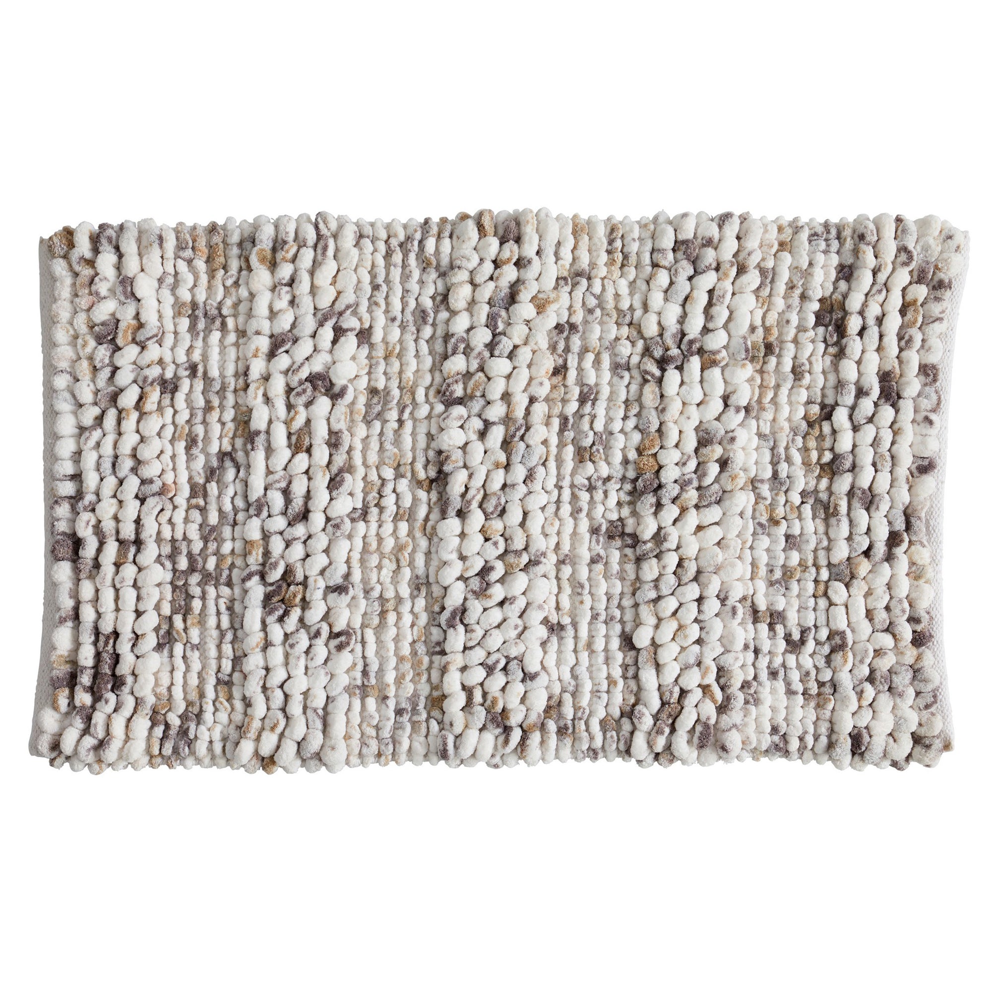 Rectangular space-dyed microfiber bath rug featuring a textured pebble-like surface in soft ivory, gray, and beige tones. The plush high-pile construction adds comfort underfoot while complementing a variety of bathroom décor styles.