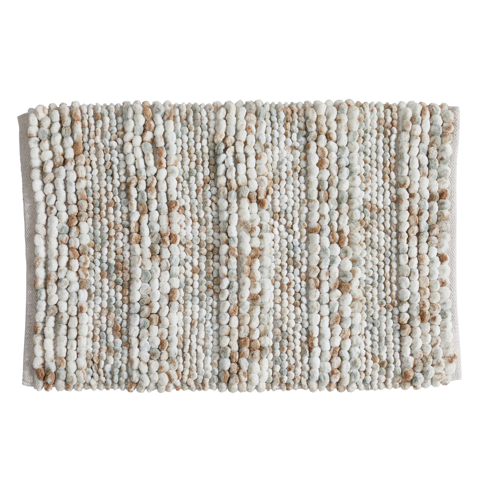 Rectangular space-dyed microfiber bath rug with a textured pebble-like surface in soft ivory, beige, taupe, and light gray tones. The plush, high-pile design provides cushioning and comfort while adding a subtle, neutral accent to bathroom décor.