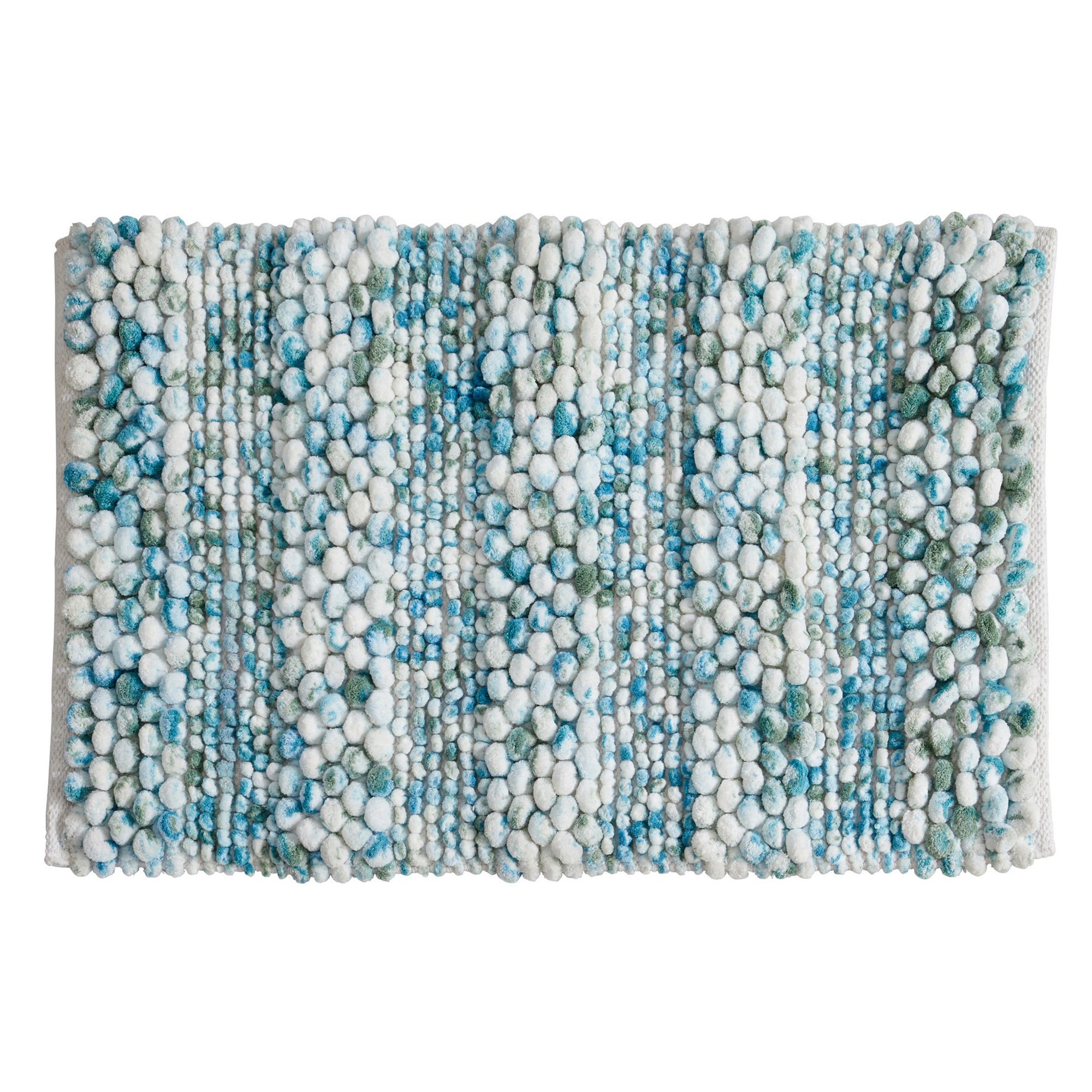 Rectangular space-dyed microfiber bath rug featuring a plush pebble-textured surface in white, aqua blue, turquoise, and soft gray tones. The thick, high-pile construction provides cushioning and comfort while adding a fresh coastal-inspired accent to bathroom décor.