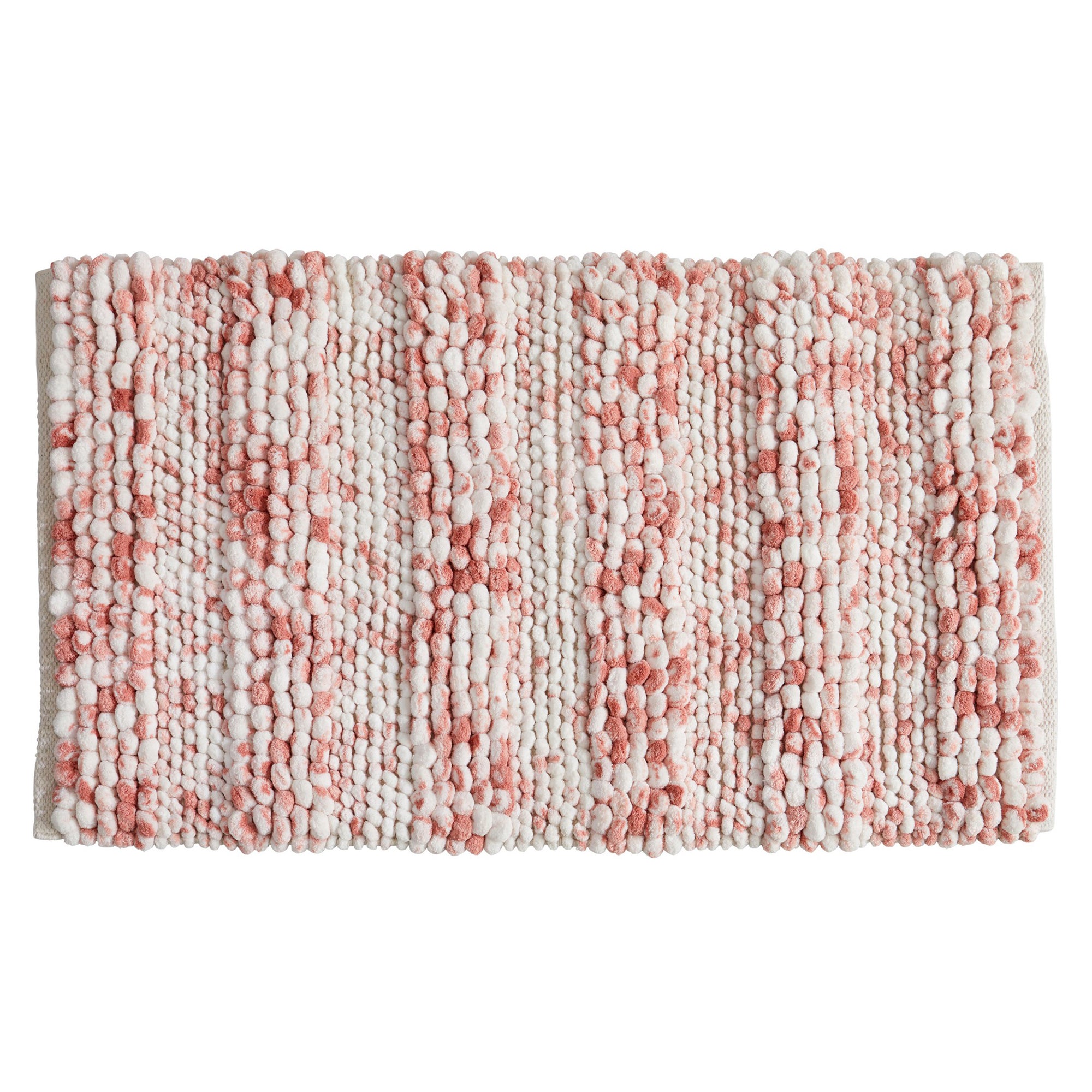 Space-dyed microfiber bath rug featuring a plush pebble-textured design in soft blush pink and ivory tones. The ultra-soft bath mat adds comfort underfoot while bringing a subtle pop of color and texture to bathroom décor. Highly absorbent and ideal for everyday use.