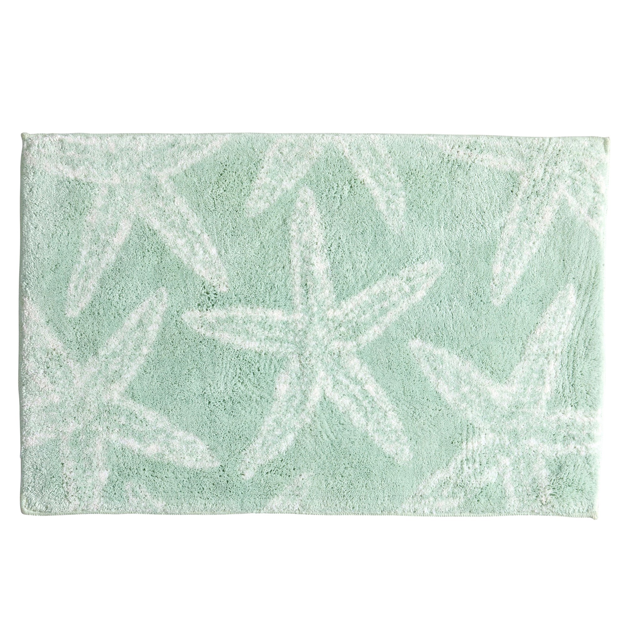 Coastal-themed bath rug featuring white starfish silhouettes on a soft seafoam green background. The plush and absorbent rug brings a fresh beach-inspired look to bathroom décor while providing soft comfort underfoot.