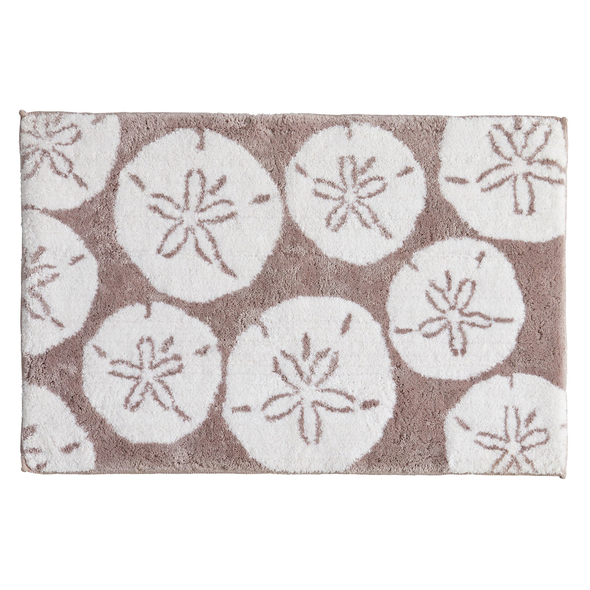 Plush coastal bath rug featuring oversized ivory sand dollar motifs on a soft taupe background. The textured design adds beach-inspired style and comfort, making it a cozy and decorative addition to any bathroom.