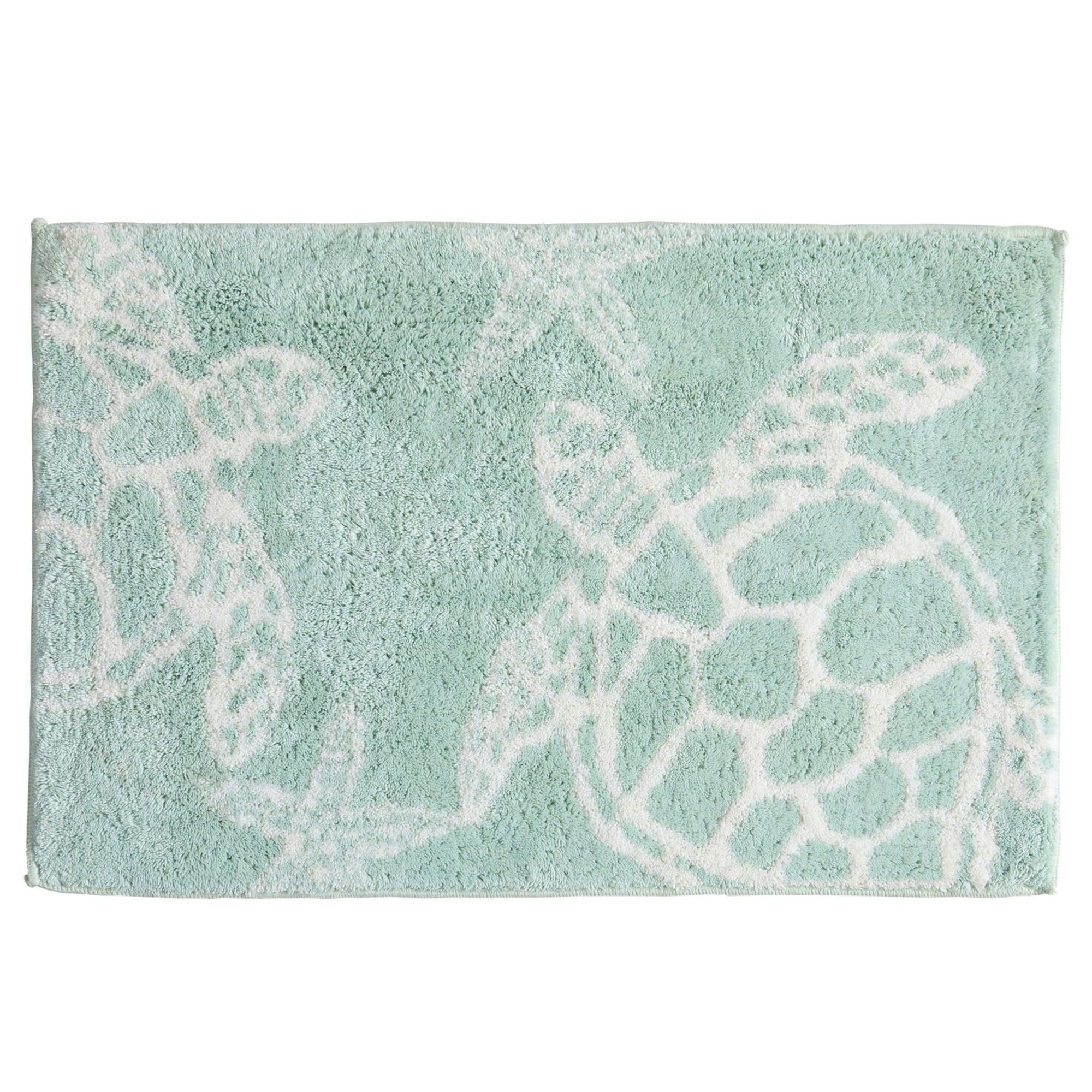Soft coastal bath rug featuring white sea turtle silhouettes on a calming seafoam green background. The plush, absorbent design adds beach-inspired style, comfort, and texture to any bathroom space.
