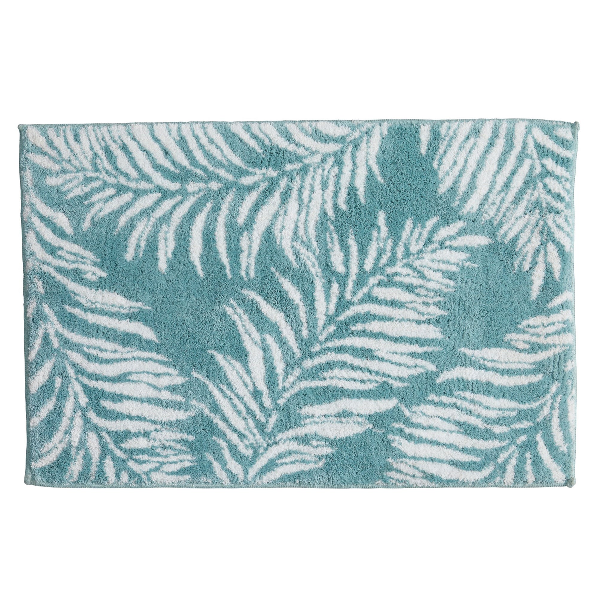 Plush tropical bath rug featuring white palm leaf silhouettes on a soft aqua blue background. The textured, absorbent design brings a fresh coastal-inspired look while adding comfort and style to any bathroom.