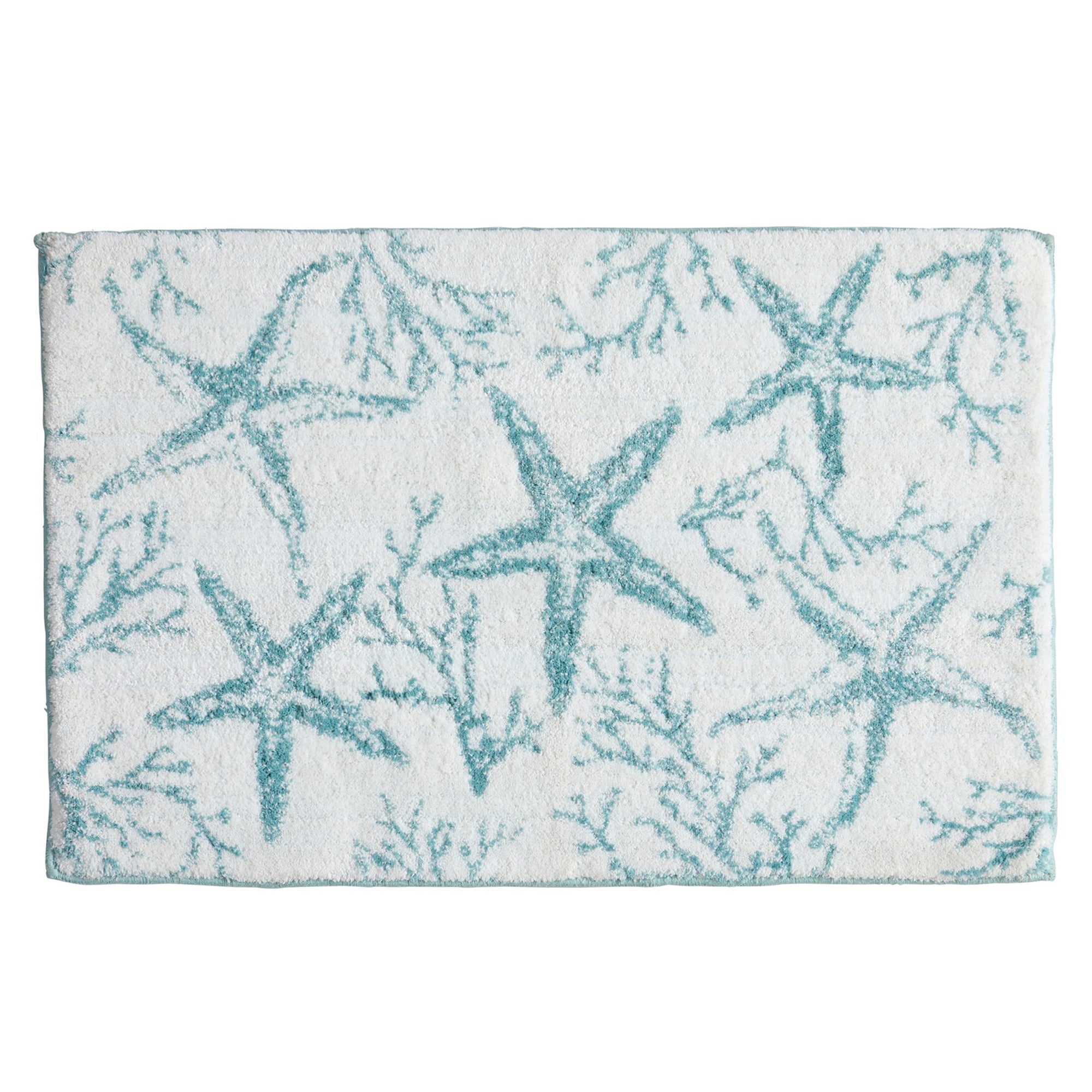 Plush coastal bath rug featuring aqua blue starfish and coral branch designs on a soft white background. The textured, absorbent rug brings a relaxed seaside-inspired look to bathrooms while providing comfort and softness underfoot.