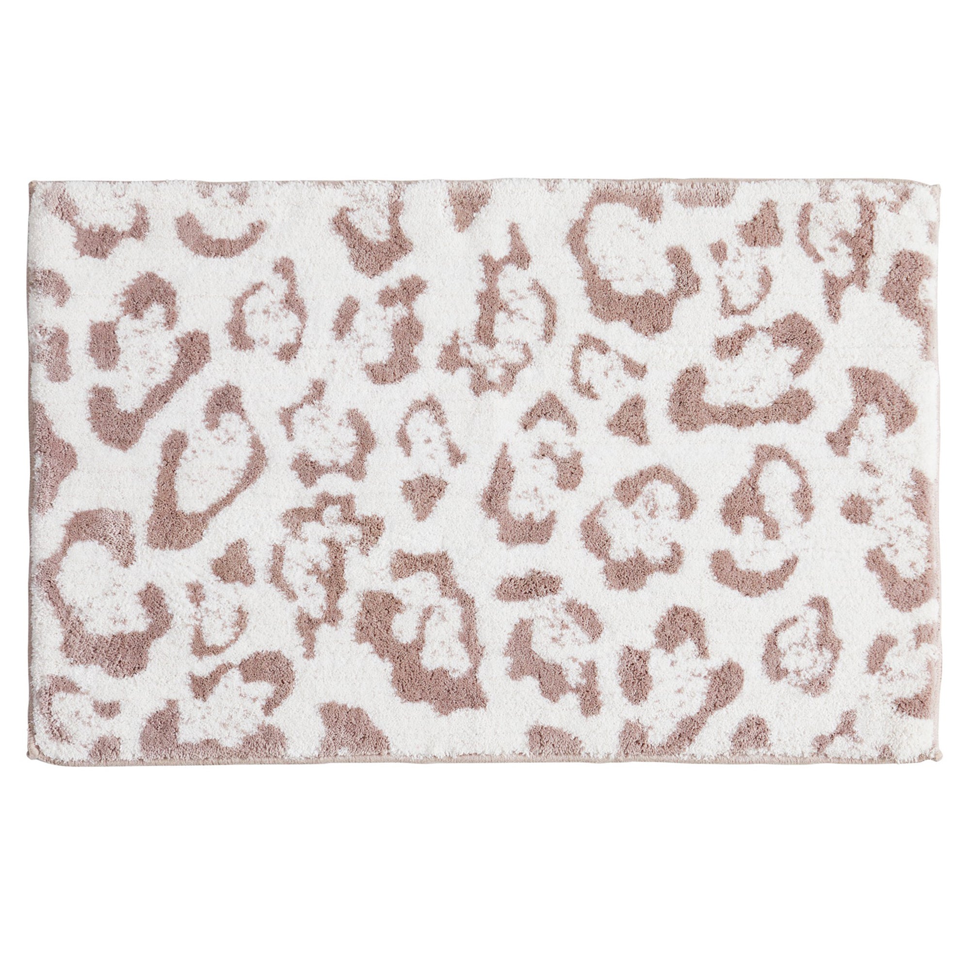 Plush bath rug featuring a soft blush pink leopard print pattern on an ivory background. The textured animal-inspired design adds a stylish, modern accent to bathrooms while offering comfort, absorbency, and a soft feel underfoot.