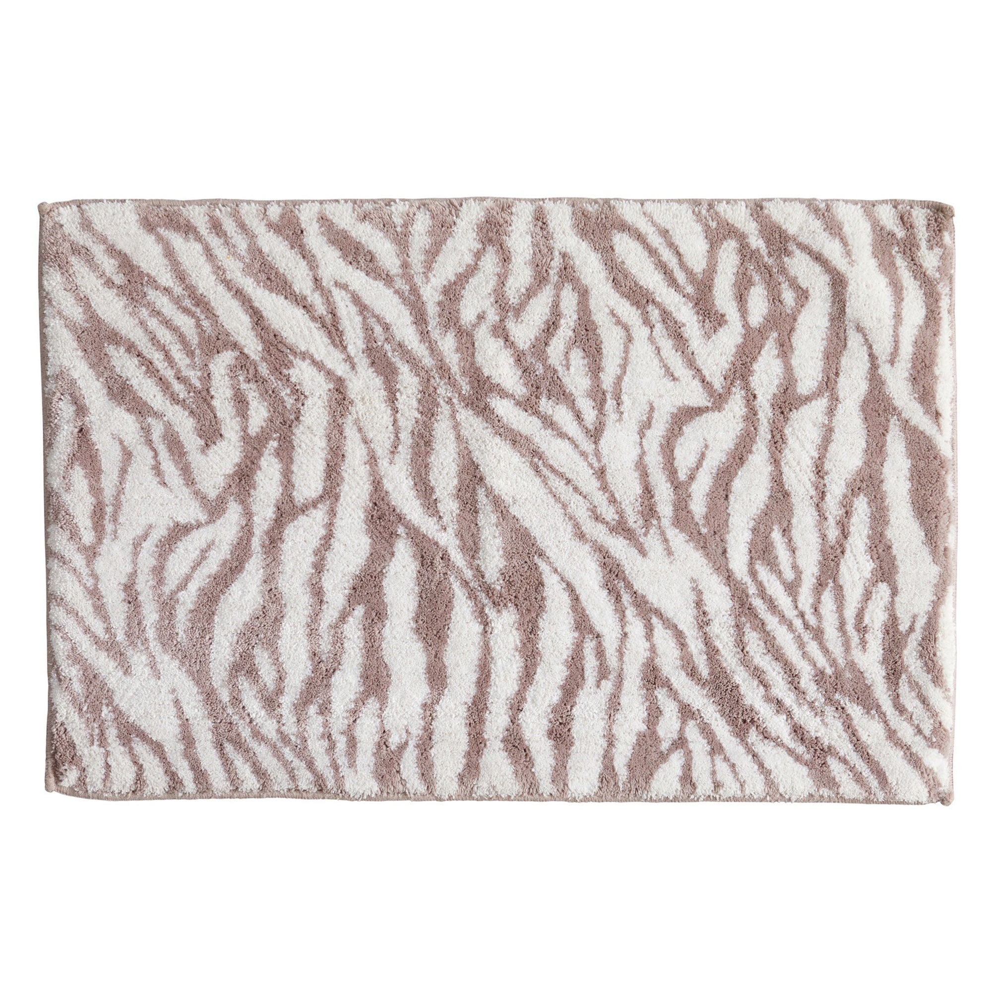Plush bath rug featuring a taupe zebra stripe pattern on a soft ivory background. The animal-inspired design combines neutral tones with bold texture, creating a stylish accent piece that adds comfort, absorbency, and visual interest to any bathroom.