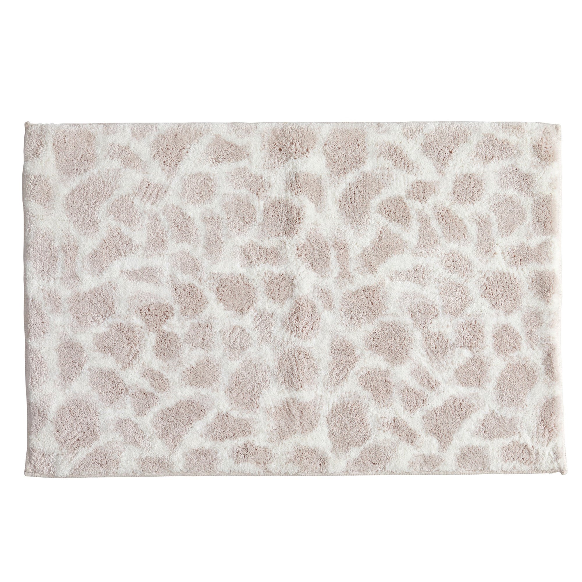 Rectangular bath rug featuring a soft giraffe-inspired pattern in ivory and light taupe. The plush, textured design offers a subtle animal-print look that complements modern, coastal, and neutral bathroom décor while providing comfort underfoot.