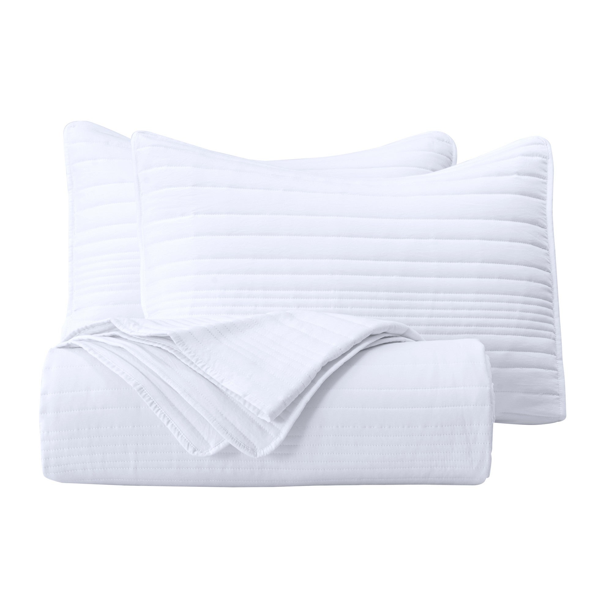 Parker Collection Solid Embroidered Quilt Set by Market & Place featuring soft microfiber construction and elegant channel embroidery. Available in multiple colors with coordinating shams and detailed fabric close-ups, styled in a modern bedroom setting.