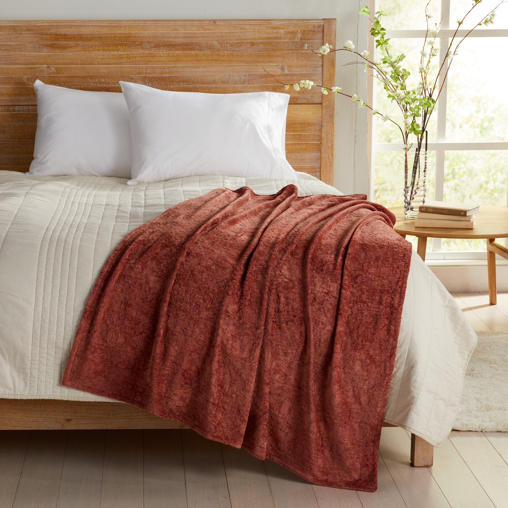 Rose Charlotte Collection Chenille Jacquard Throw Blanket draped across bed, soft textured chenille fabric adding warmth and comfort to farmhouse, cottage, and modern bedroom décor.
