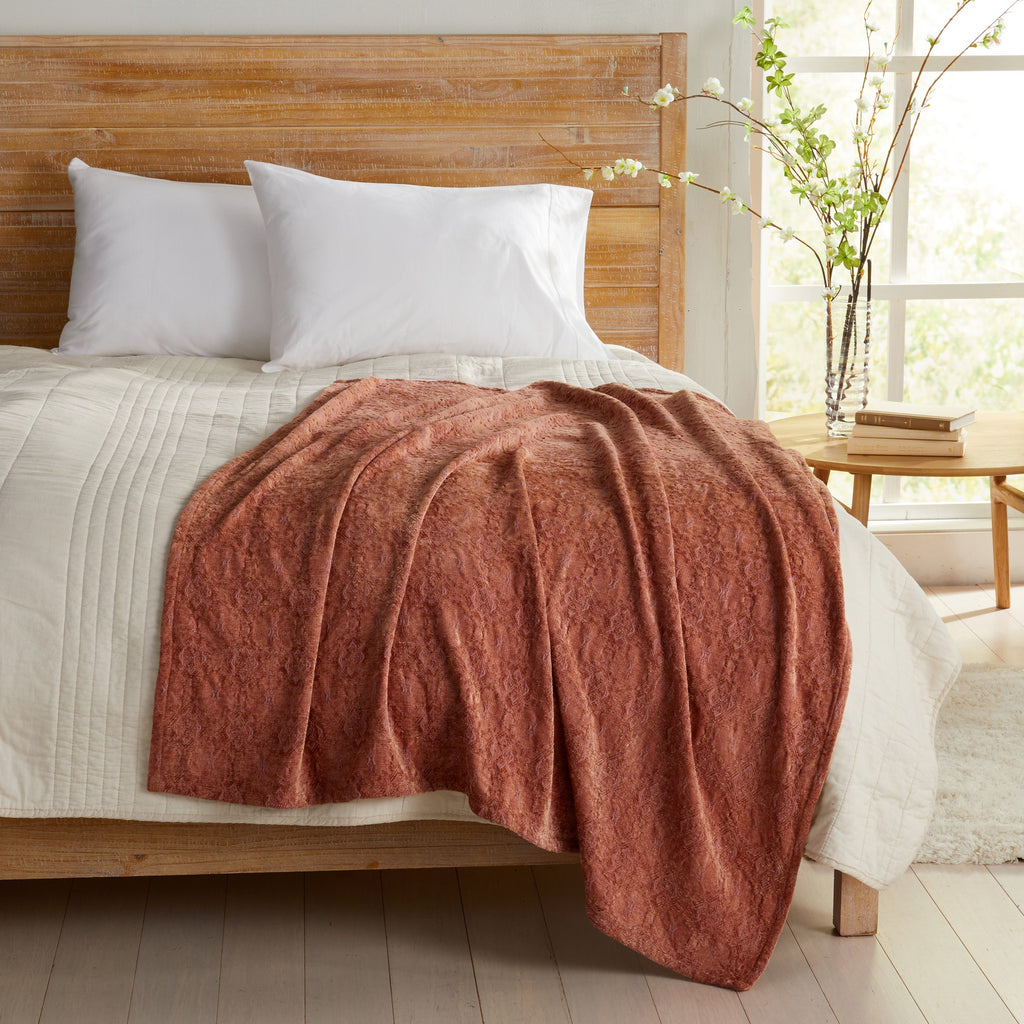 Clay Charlotte Collection Chenille Jacquard Throw Blanket draped across bed, soft textured chenille fabric adding warmth and comfort to farmhouse, rustic, and contemporary bedroom décor.