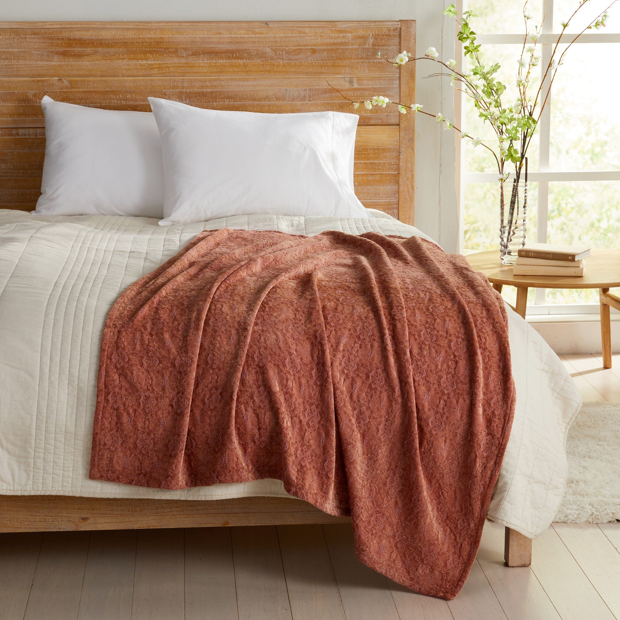 Clay Charlotte Collection Chenille Jacquard Throw Blanket draped across bed, soft textured chenille fabric adding warmth and comfort to farmhouse, rustic, and contemporary bedroom décor.
