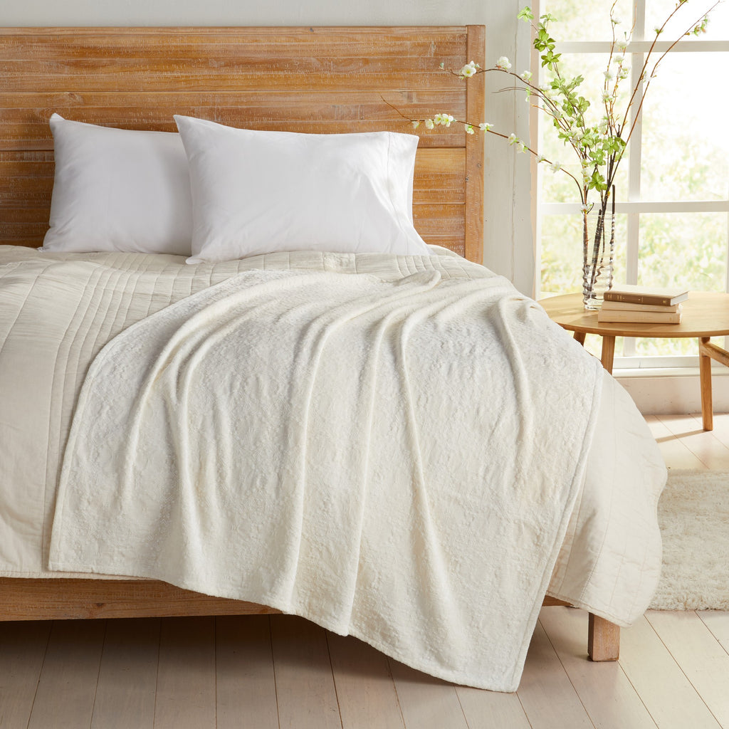 White Charlotte Collection Chenille Jacquard Throw Blanket draped across bed, featuring soft textured chenille fabric and a lightweight design that complements farmhouse, coastal, and contemporary bedroom décor.