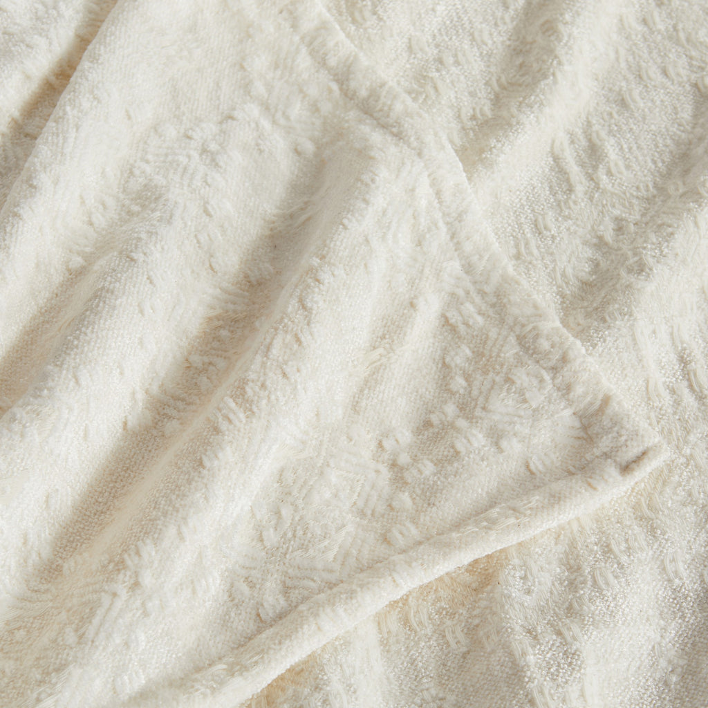 Close-up of the White Charlotte Collection Chenille Jacquard Throw Blanket showcasing its soft chenille texture, elegant woven jacquard pattern, and decorative finished edge.