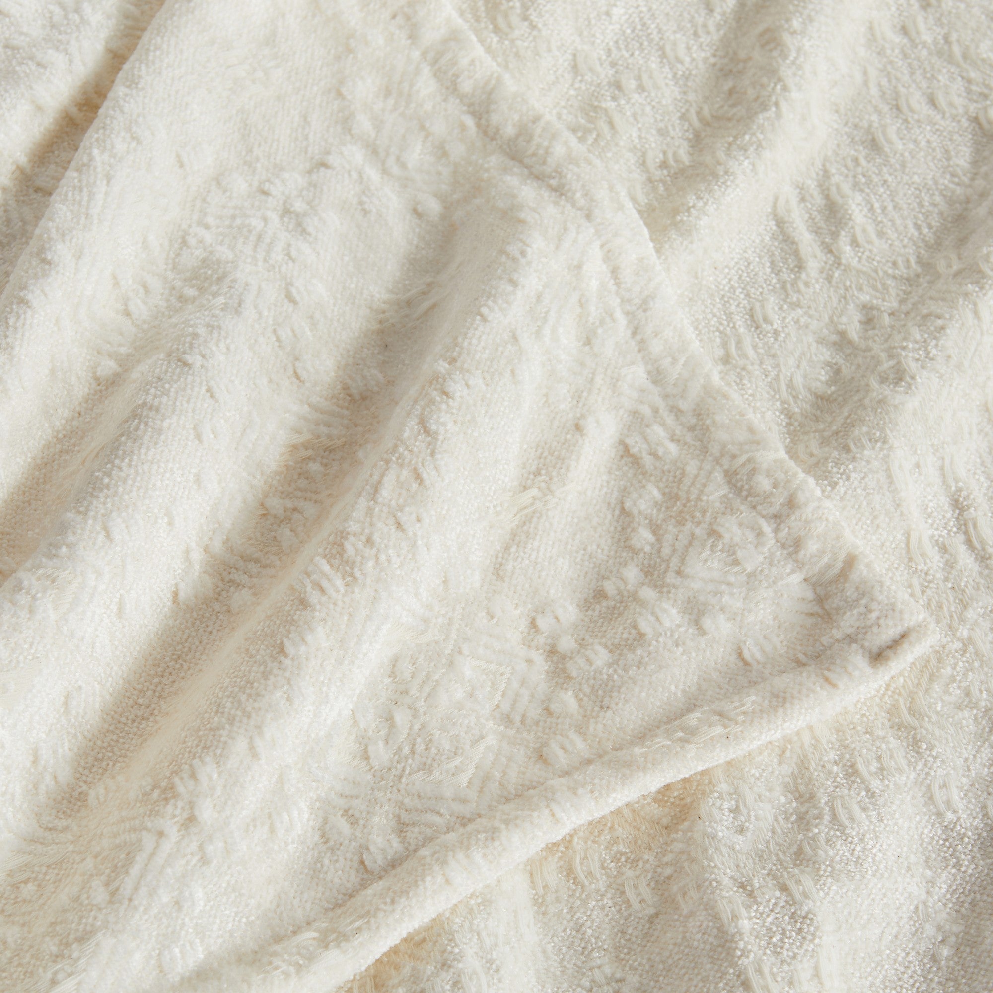 Close-up of the White Charlotte Collection Chenille Jacquard Throw Blanket showcasing its soft chenille texture, elegant woven jacquard pattern, and decorative finished edge.
