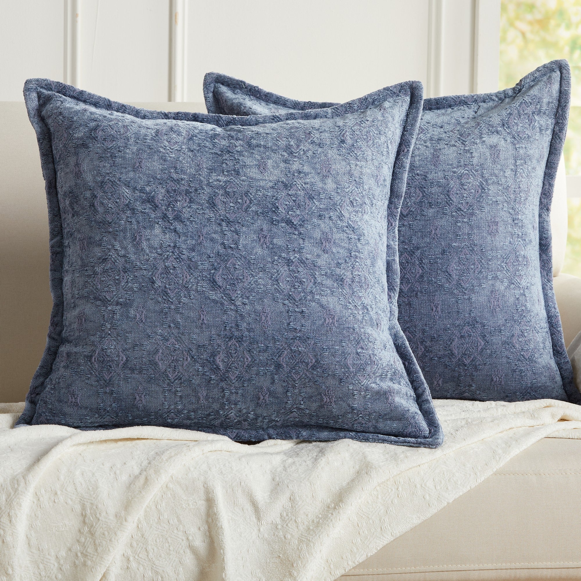 Blue chenille jacquard decorative pillow covers set of 2, 20x20 accent throw pillow covers for sofa couch living room decor
