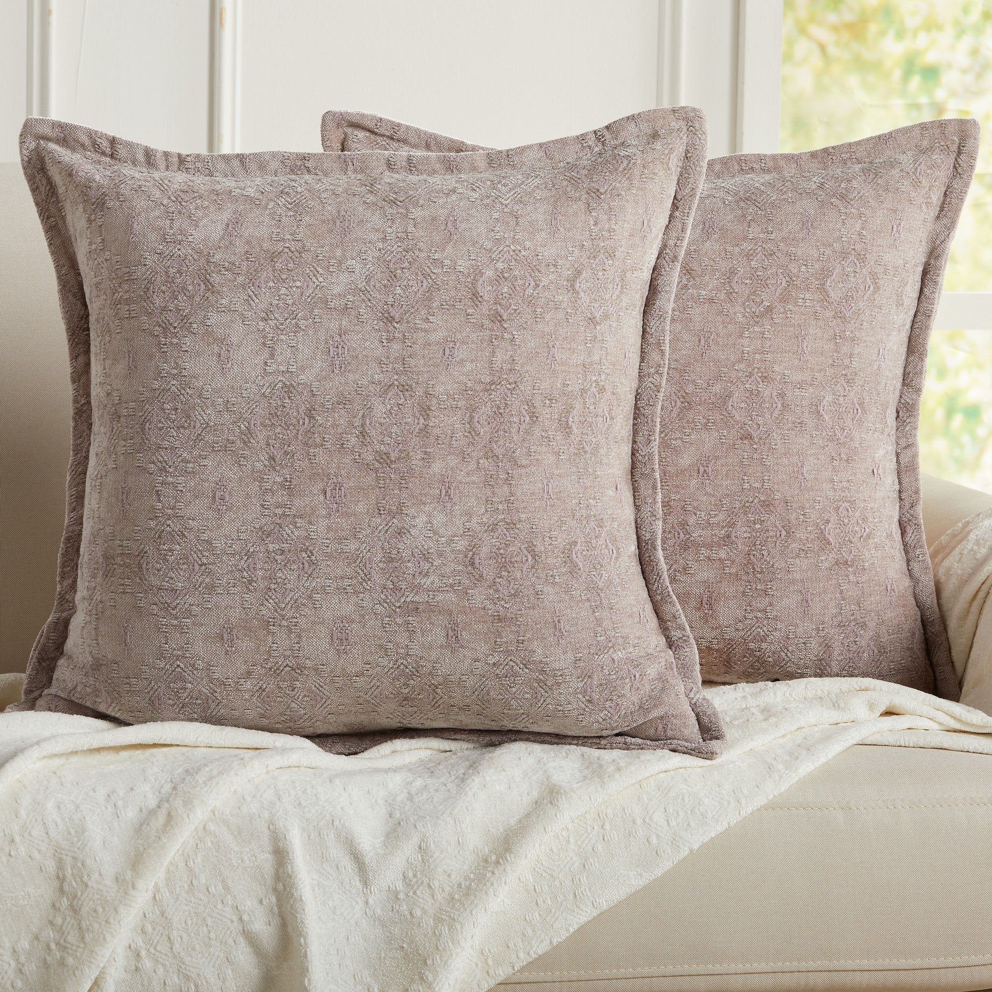 Beige chenille jacquard decorative pillow covers set of 2, 20x20 textured throw pillow covers for sofa couch living room decor