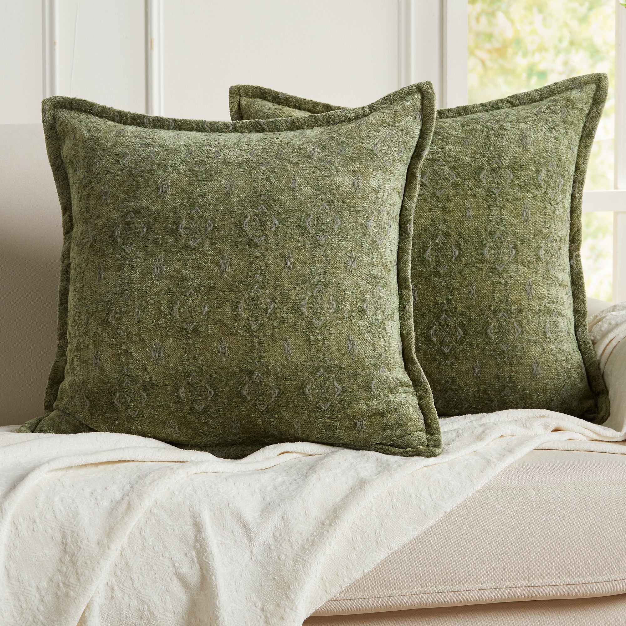 Sage green chenille jacquard decorative pillow covers set of 2, 20x20 textured throw pillow covers for sofa couch living room decor