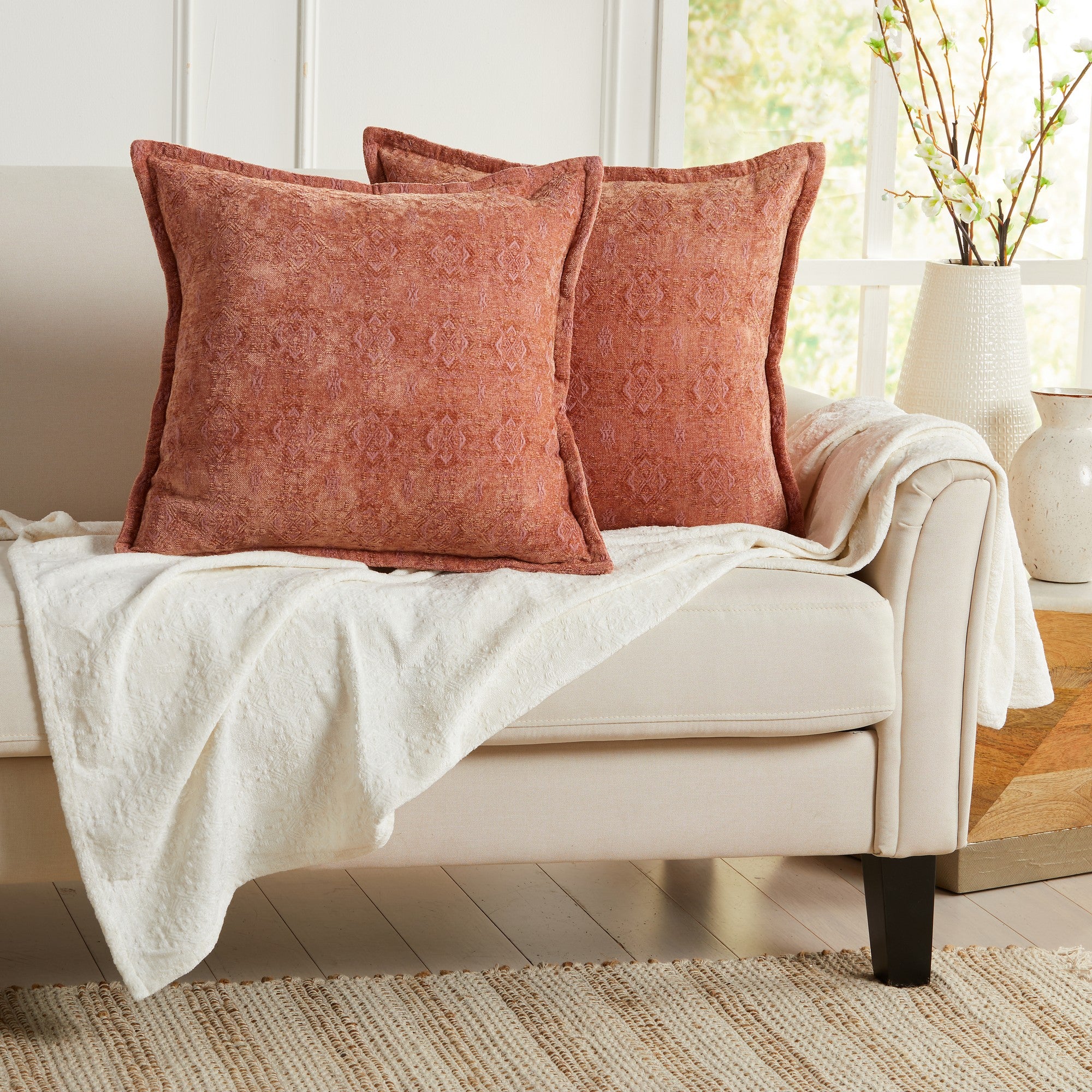 Clay chenille jacquard decorative pillow covers set of 2 displayed on an accent chair, soft textured throw pillow covers for living room and bedroom decor