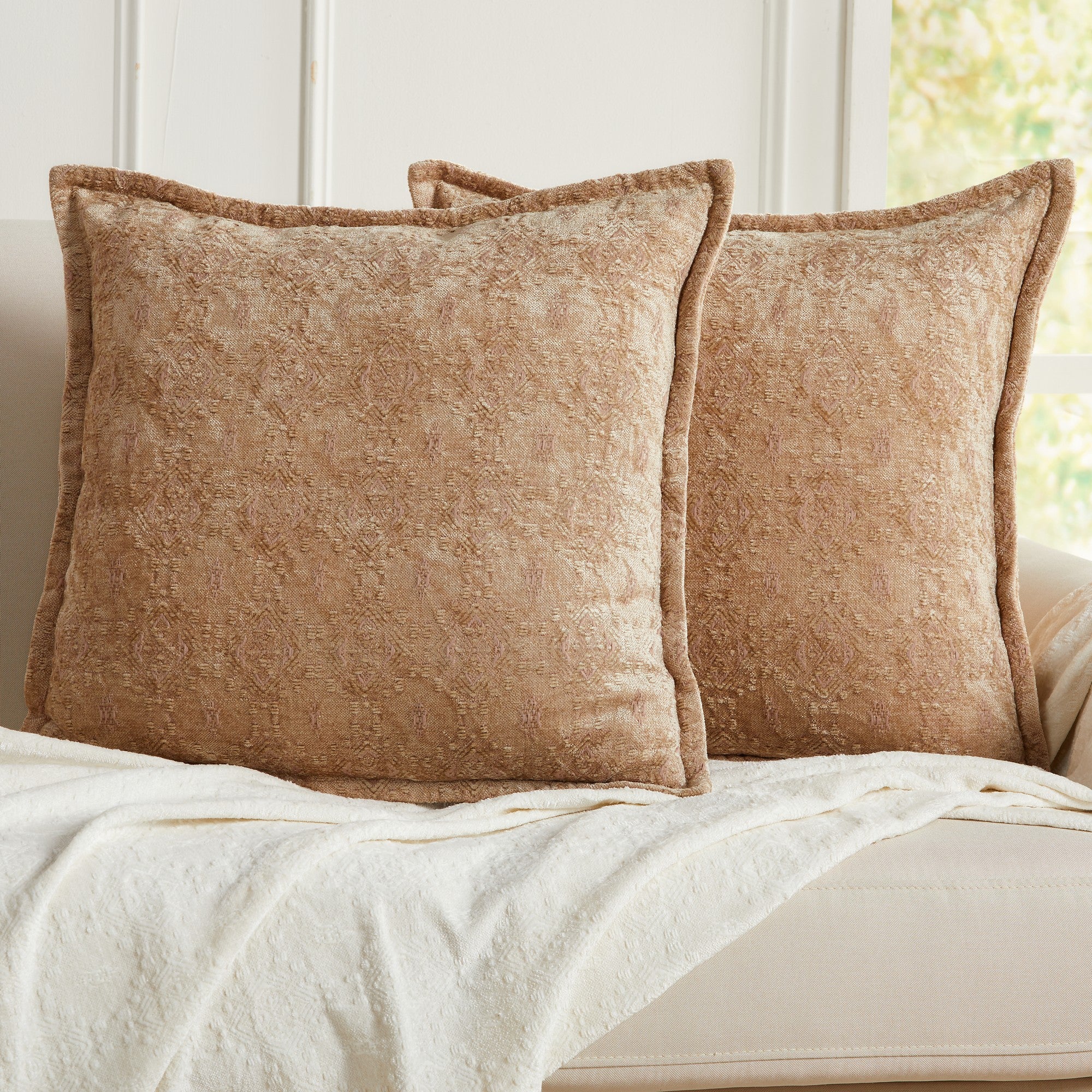 Beige chenille jacquard decorative pillow covers set of 2, 20x20 textured throw pillow covers for sofa couch living room decor