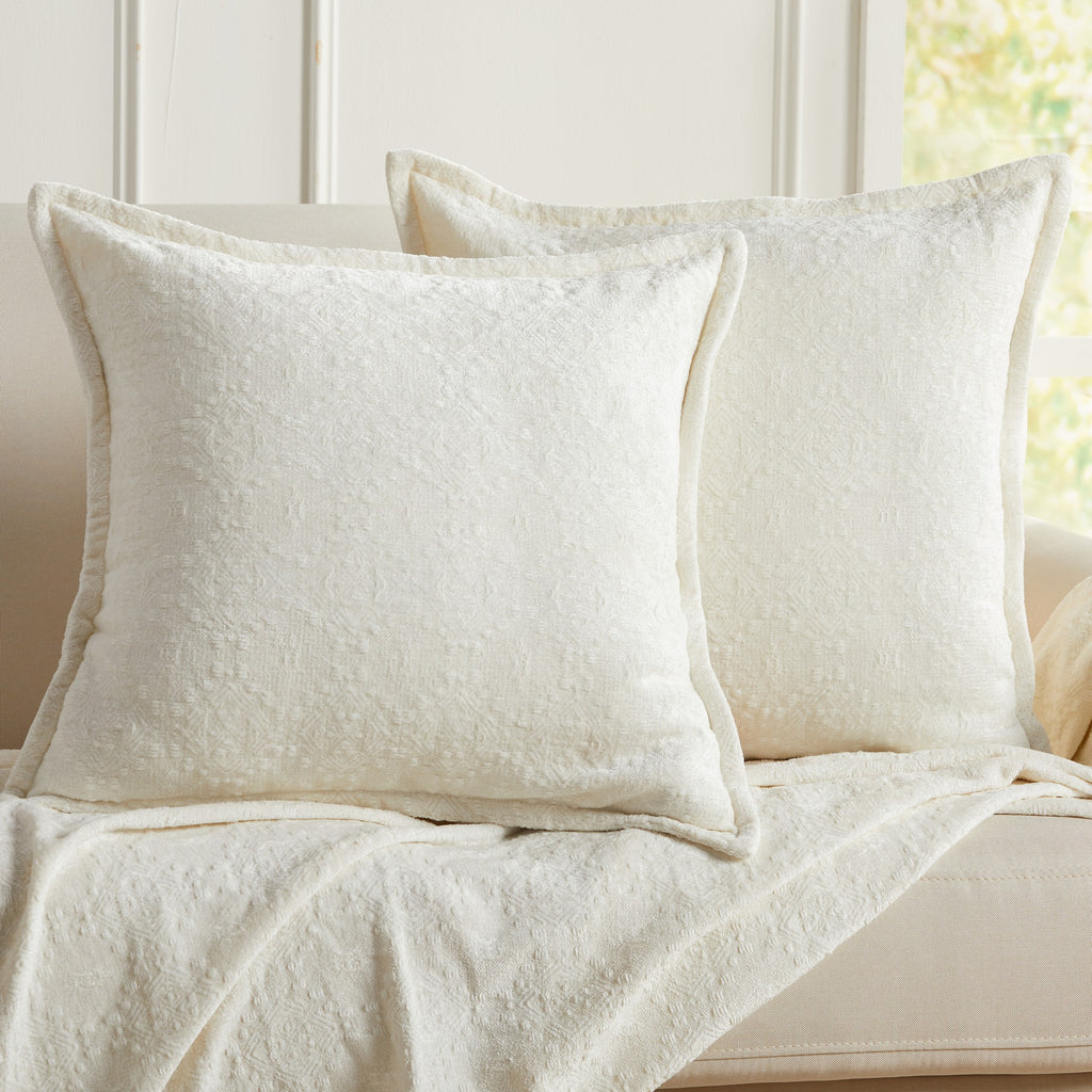 White chenille jacquard decorative pillow covers set of 2, 20x20 textured throw pillow covers for sofa couch living room decor