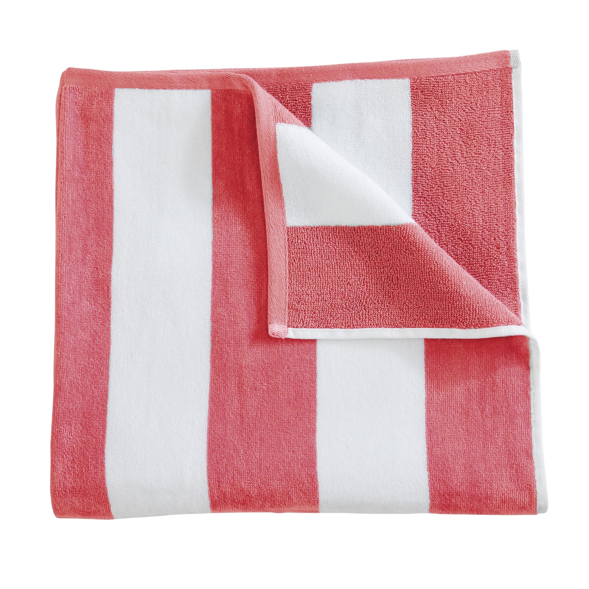 Marina Collection cotton cabana stripe beach towels in assorted colors and sizes, featuring classic striped designs and soft, absorbent 100% cotton velour construction, shown folded, stacked, and styled for poolside and beach use.