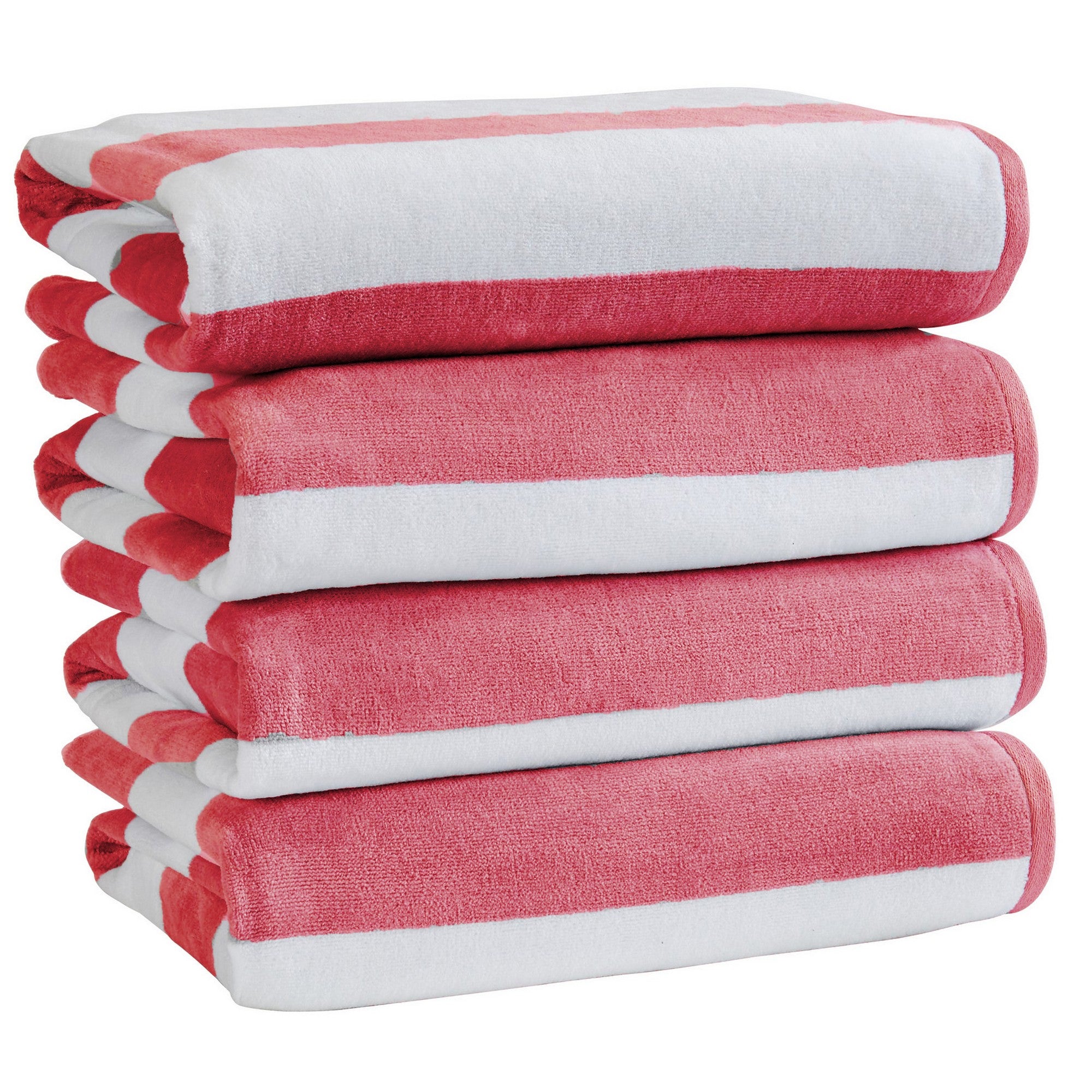 Marina Collection cotton cabana stripe beach towels in assorted colors and sizes, featuring classic striped designs and soft, absorbent 100% cotton velour construction, shown folded, stacked, and styled for poolside and beach use.