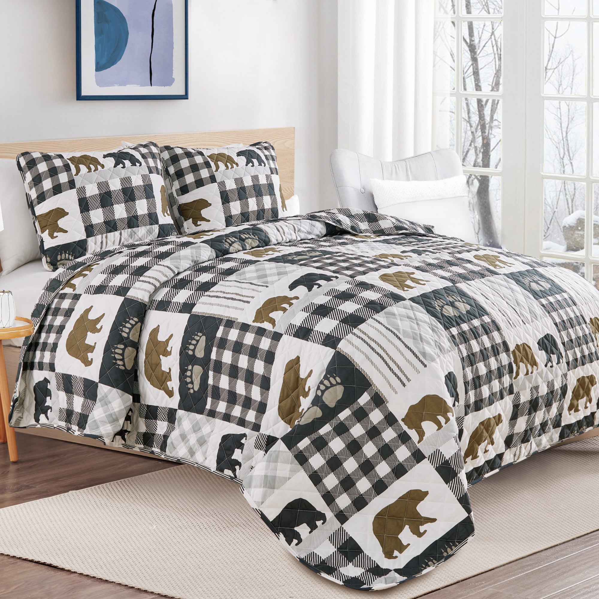 Orson Collection Lodge Quilt Set by Market & Place featuring soft microfiber construction and rustic lodge-inspired patchwork designs with plaid patterns and wildlife motifs. Coordinating shams and detailed fabric close-ups are shown in cozy bedroom settings, highlighting the reversible design and year-round comfort.
