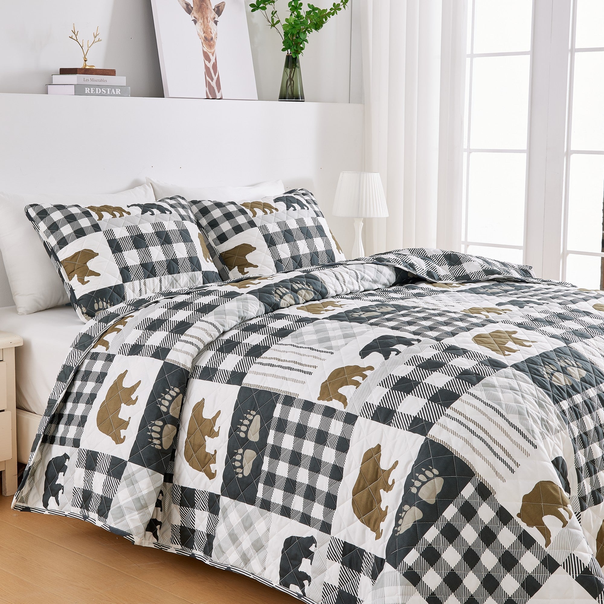 Orson Collection Lodge Quilt Set by Market & Place featuring soft microfiber construction and rustic lodge-inspired patchwork designs with plaid patterns and wildlife motifs. Coordinating shams and detailed fabric close-ups are shown in cozy bedroom settings, highlighting the reversible design and year-round comfort.