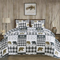 Orson Collection Lodge Quilt Set by Market & Place featuring soft microfiber construction and rustic lodge-inspired patchwork designs with plaid patterns and wildlife motifs. Coordinating shams and detailed fabric close-ups are shown in cozy bedroom settings, highlighting the reversible design and year-round comfort.