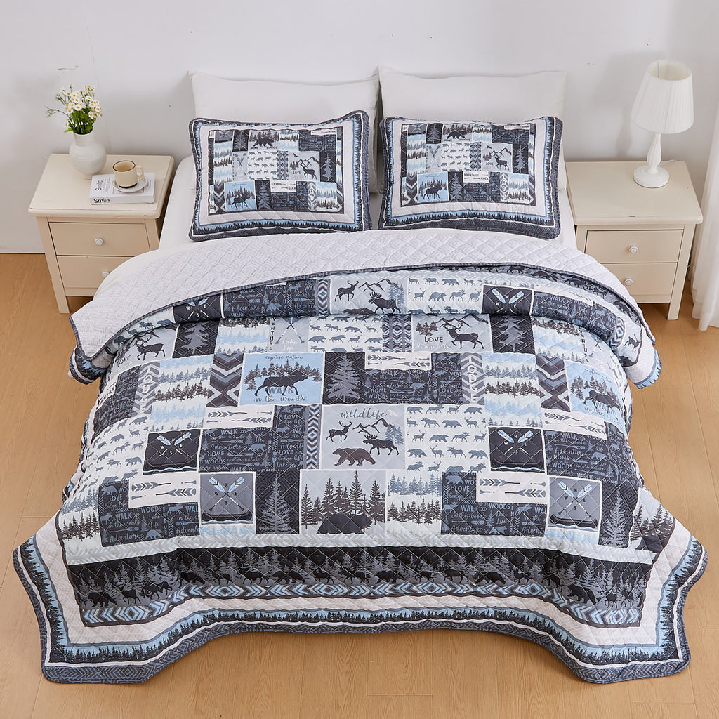 Denali Collection reversible lodge quilt set moose bear woodland cabin patchwork microfiber bedding set with matching shams