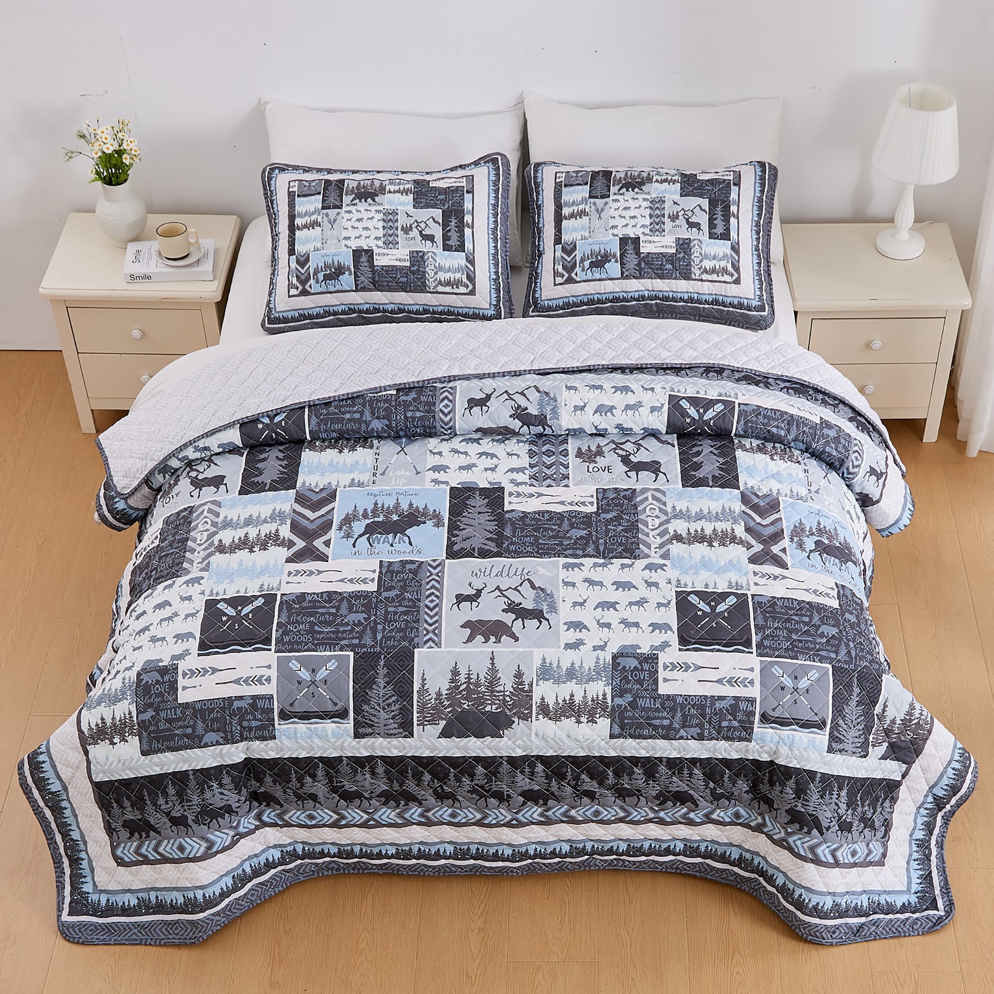 Denali Collection reversible lodge quilt set moose bear woodland cabin patchwork microfiber bedding set with matching shams
