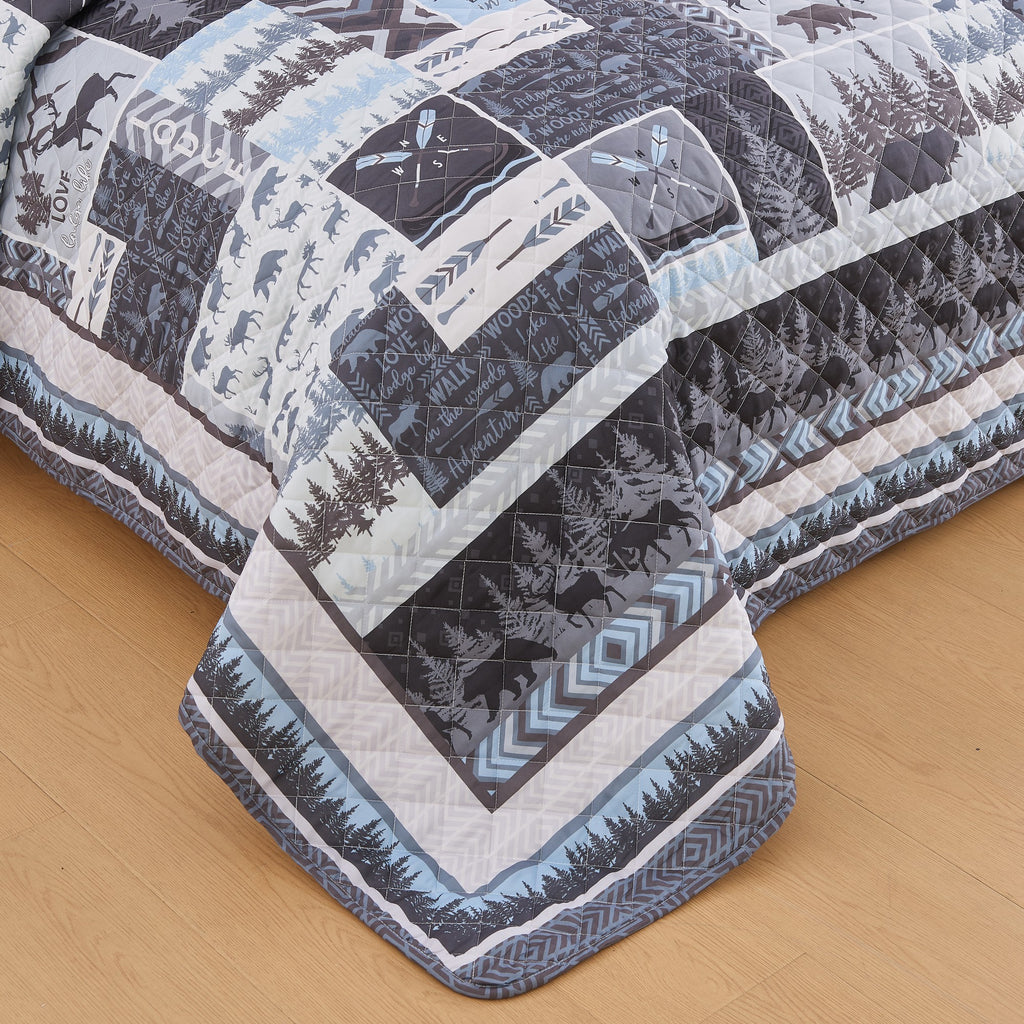 Denali Collection reversible lodge quilt set close up moose bear woodland patchwork quilted microfiber bedding