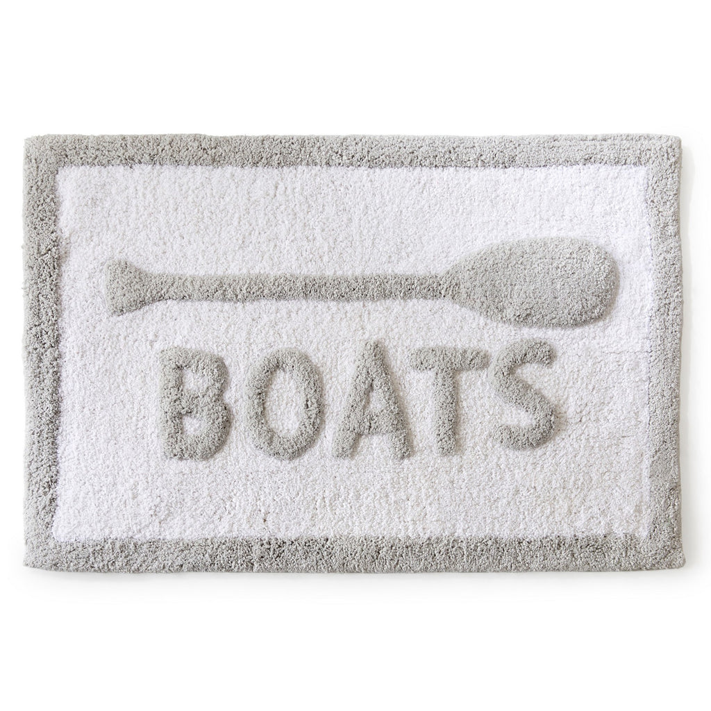 Gray bath mat with 'BOATS' and an oar design on a white background