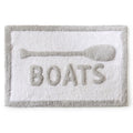 Gray bath mat with 'BOATS' and an oar design on a white background