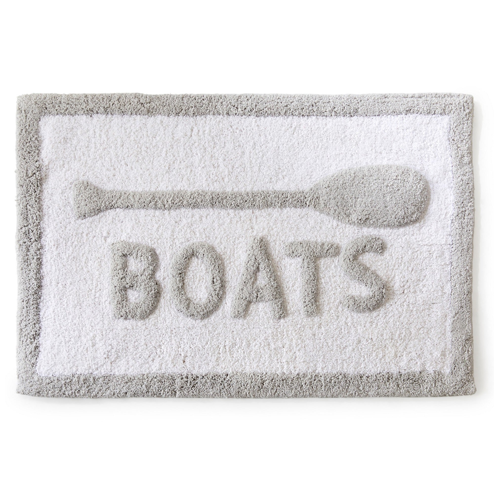 Gray bath mat with 'BOATS' and an oar design on a white background