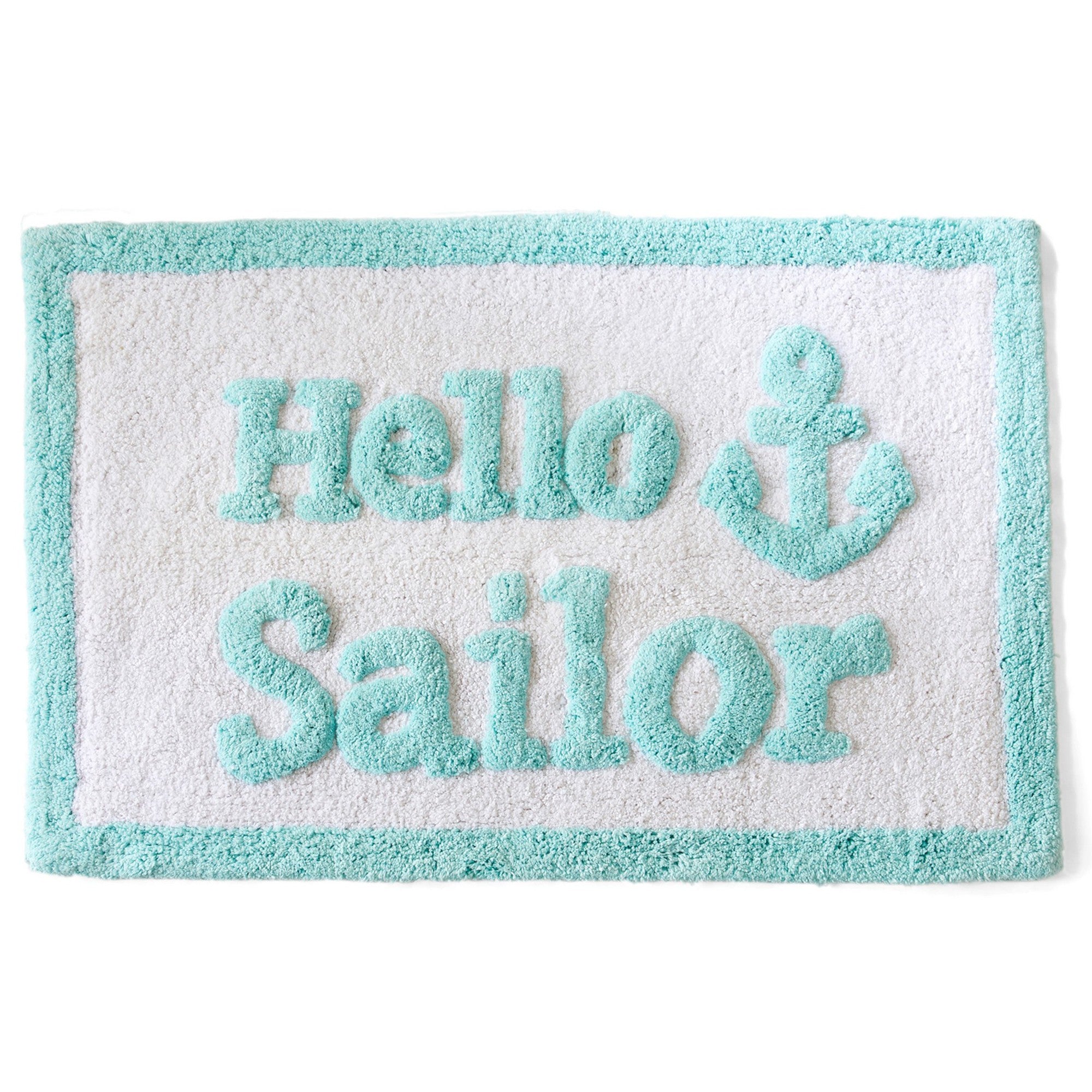 Rectangular bath mat with 'Hello Sailor' text and anchor symbol on a white background