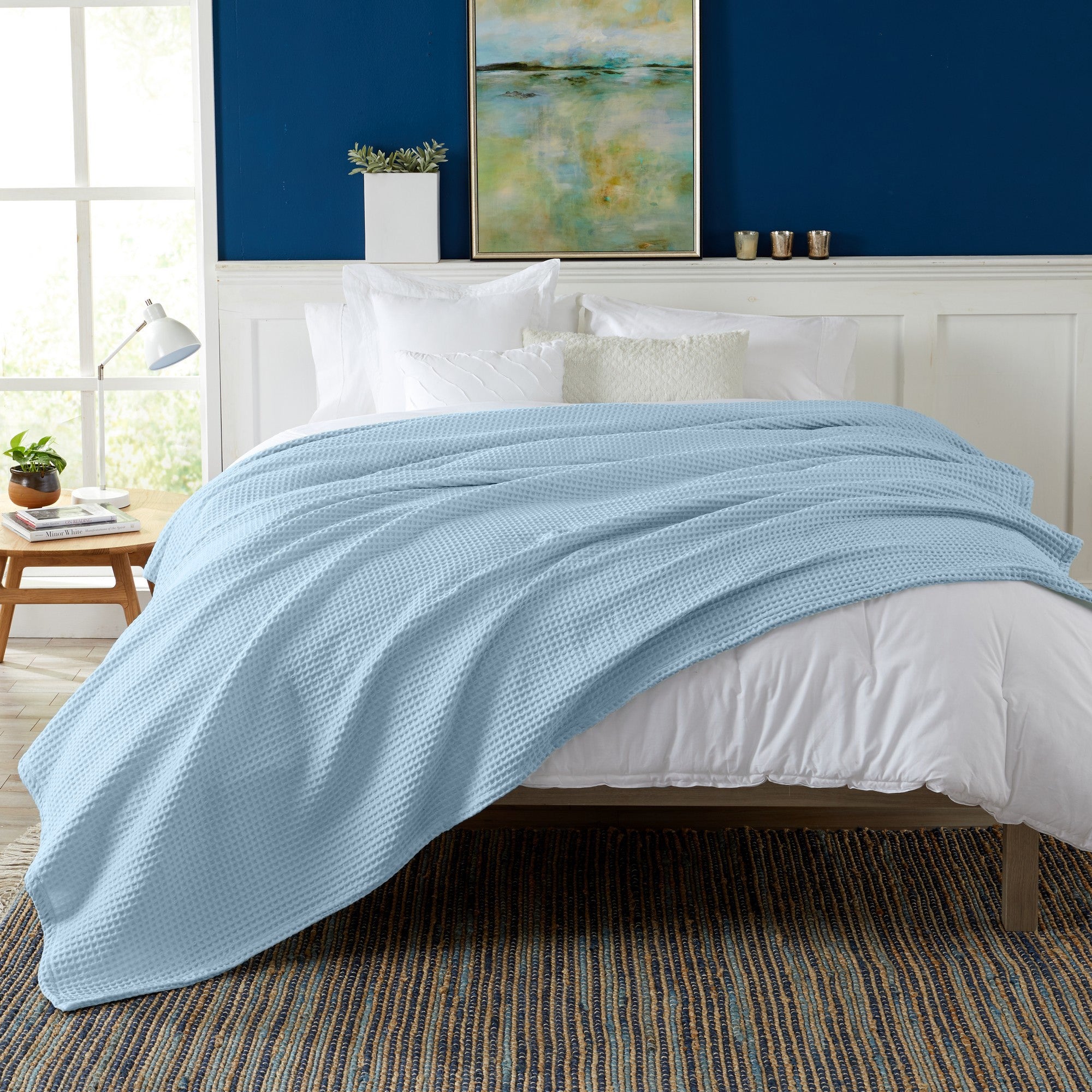 Brielle Collection Cotton Waffle Blanket by Market & Place featuring soft, breathable 100% cotton construction with a classic waffle weave texture. Available in multiple colors and shown folded, layered on beds, and in detailed fabric close-ups, highlighting its lightweight comfort and versatile year-round style.