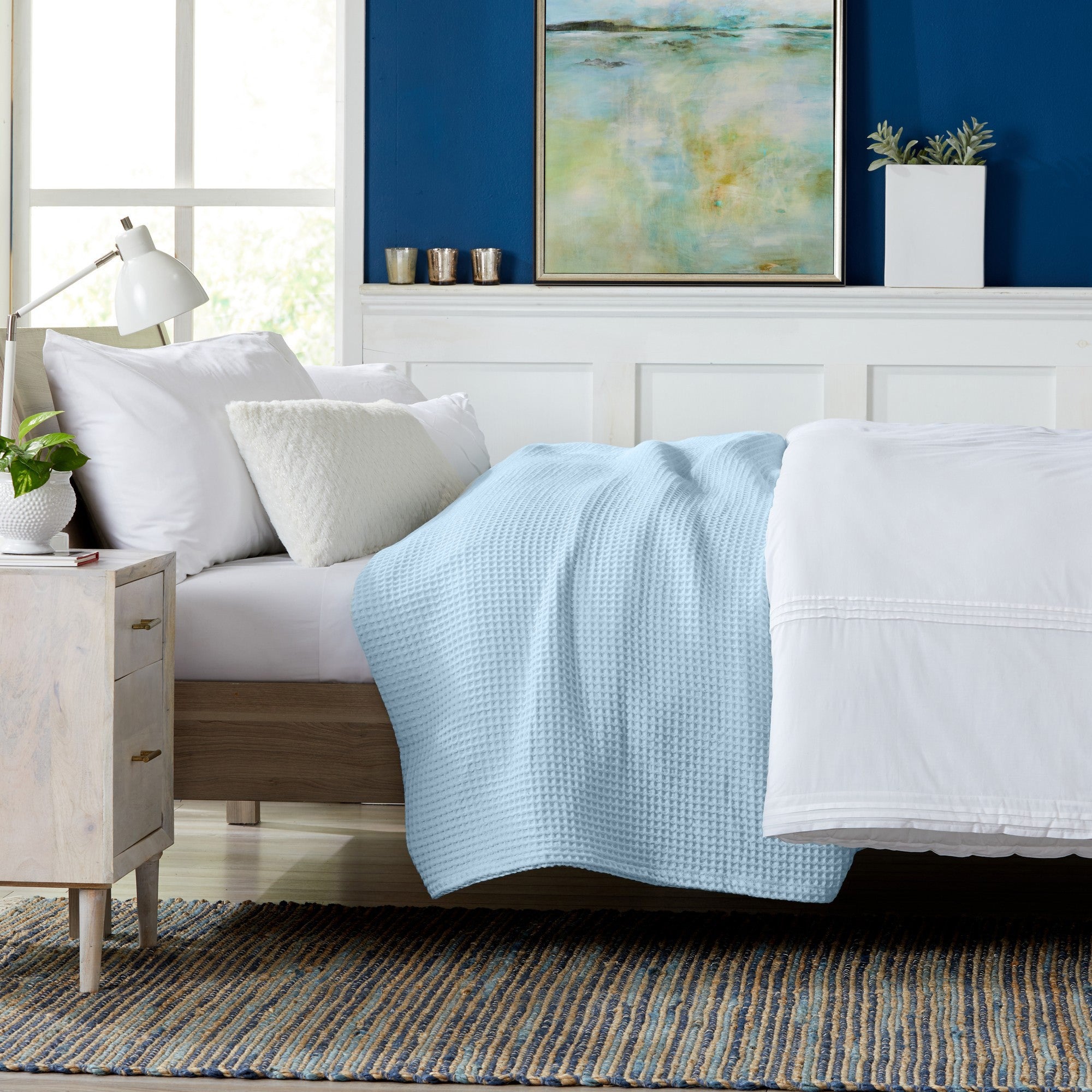 Brielle Collection Cotton Waffle Blanket by Market & Place featuring soft, breathable 100% cotton construction with a classic waffle weave texture. Available in multiple colors and shown folded, layered on beds, and in detailed fabric close-ups, highlighting its lightweight comfort and versatile year-round style.