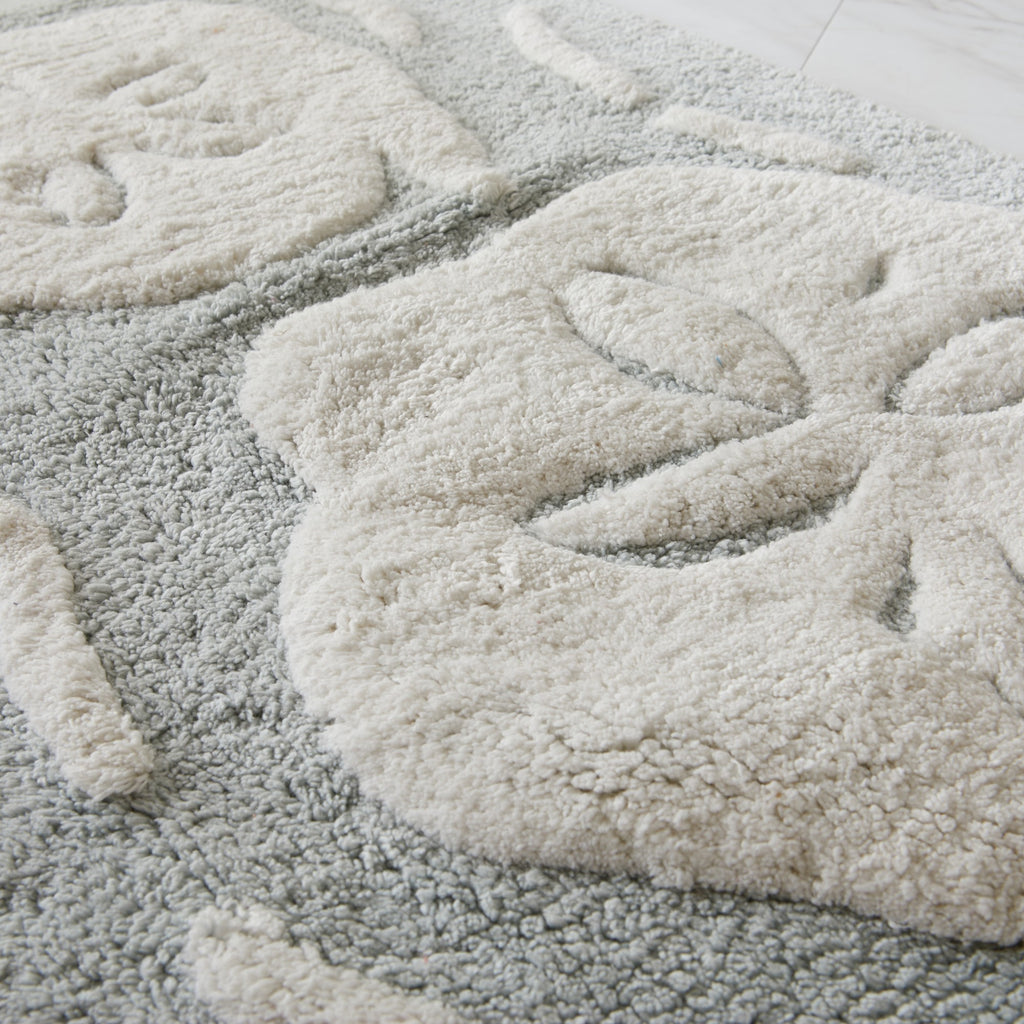 Close-up of a textured gray rug with a soft, plush surface.