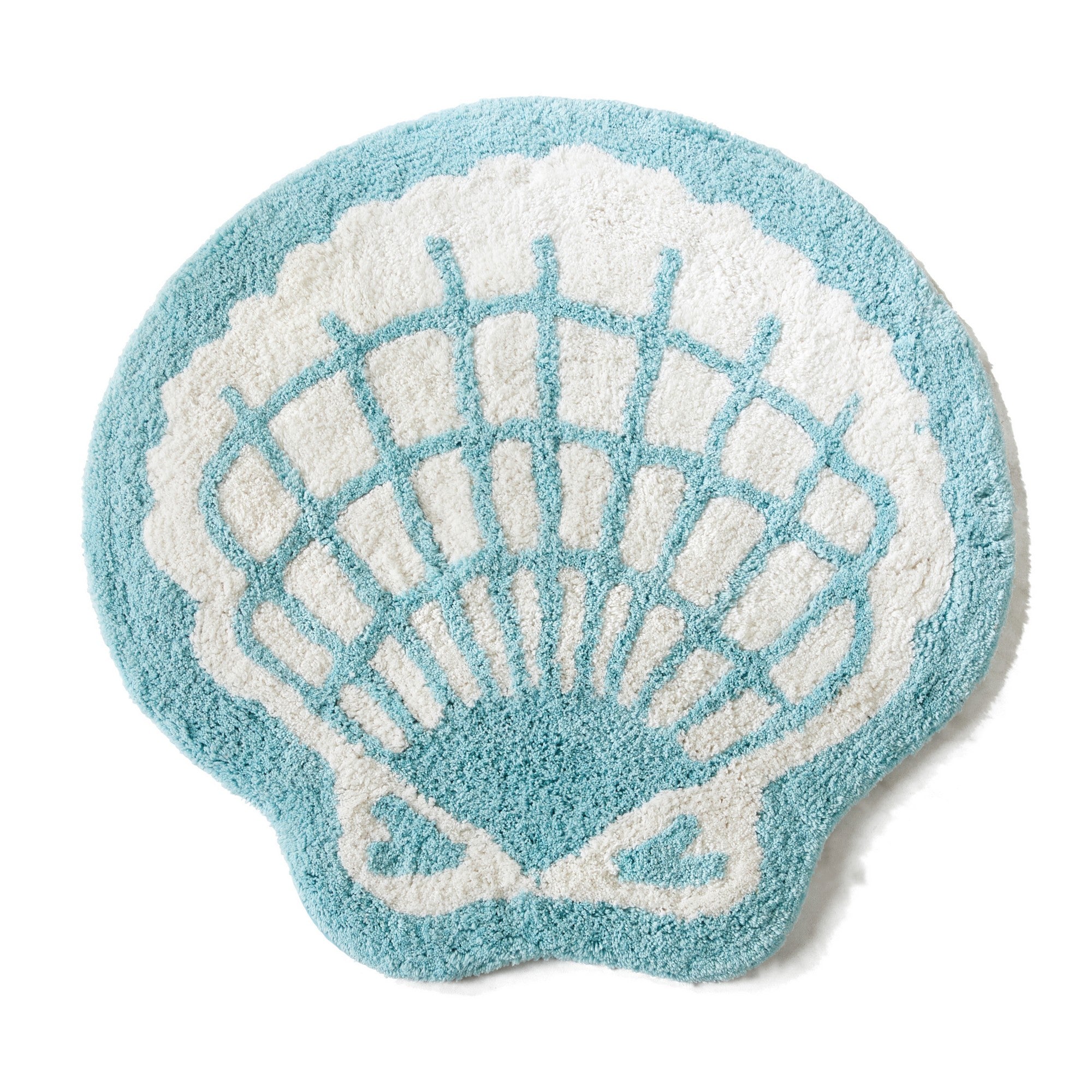 Shell-shaped bath mat with blue and white design on a white background