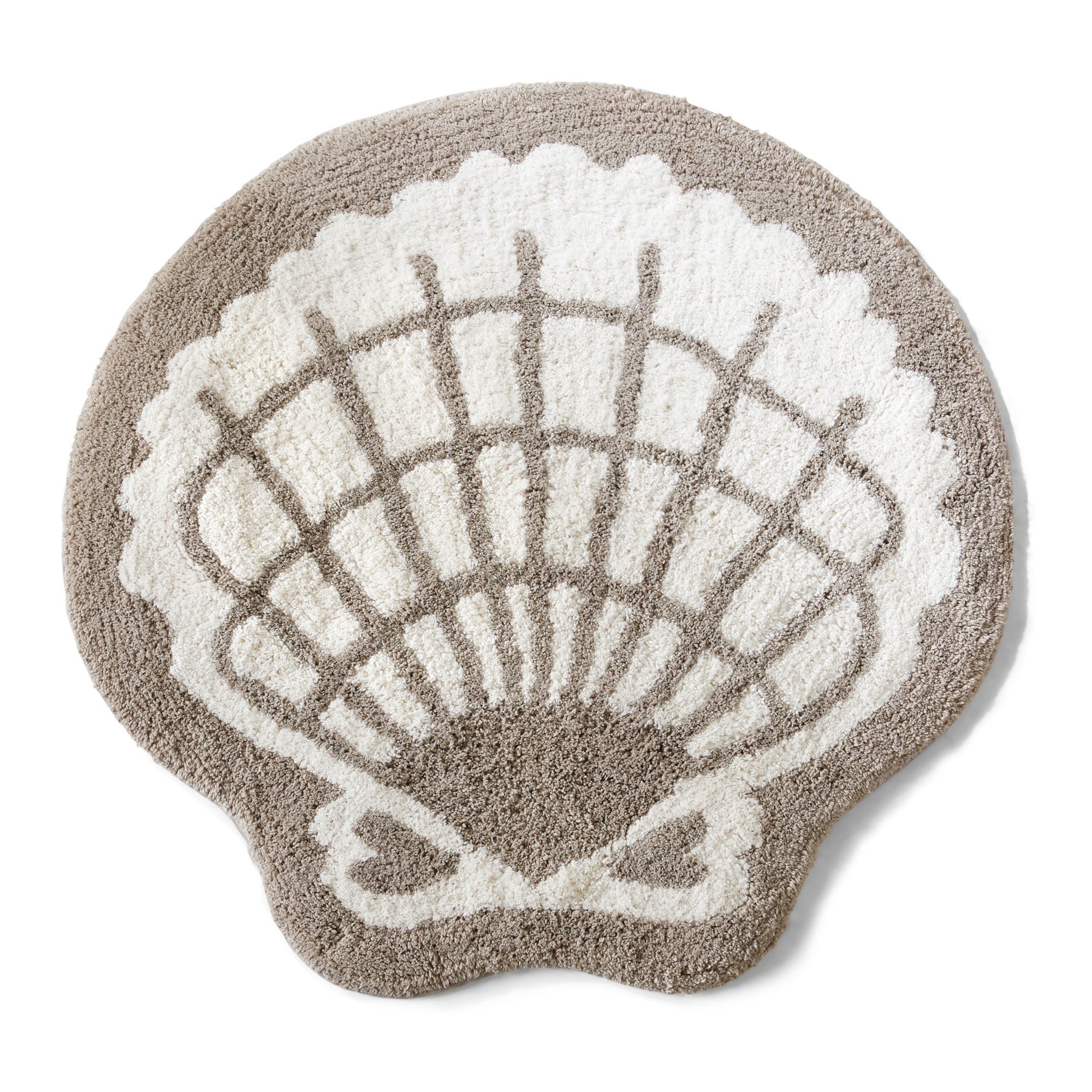 Shell-shaped rug with a textured pattern on a white background