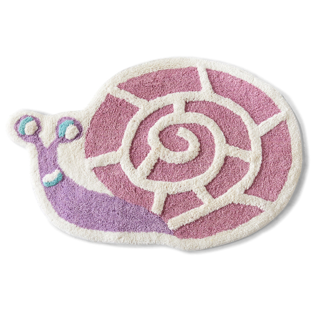 Snail-shaped rug with pink shell and purple body on a white background