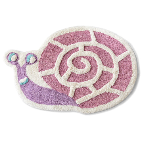 Snail-shaped rug with pink shell and purple body on a white background