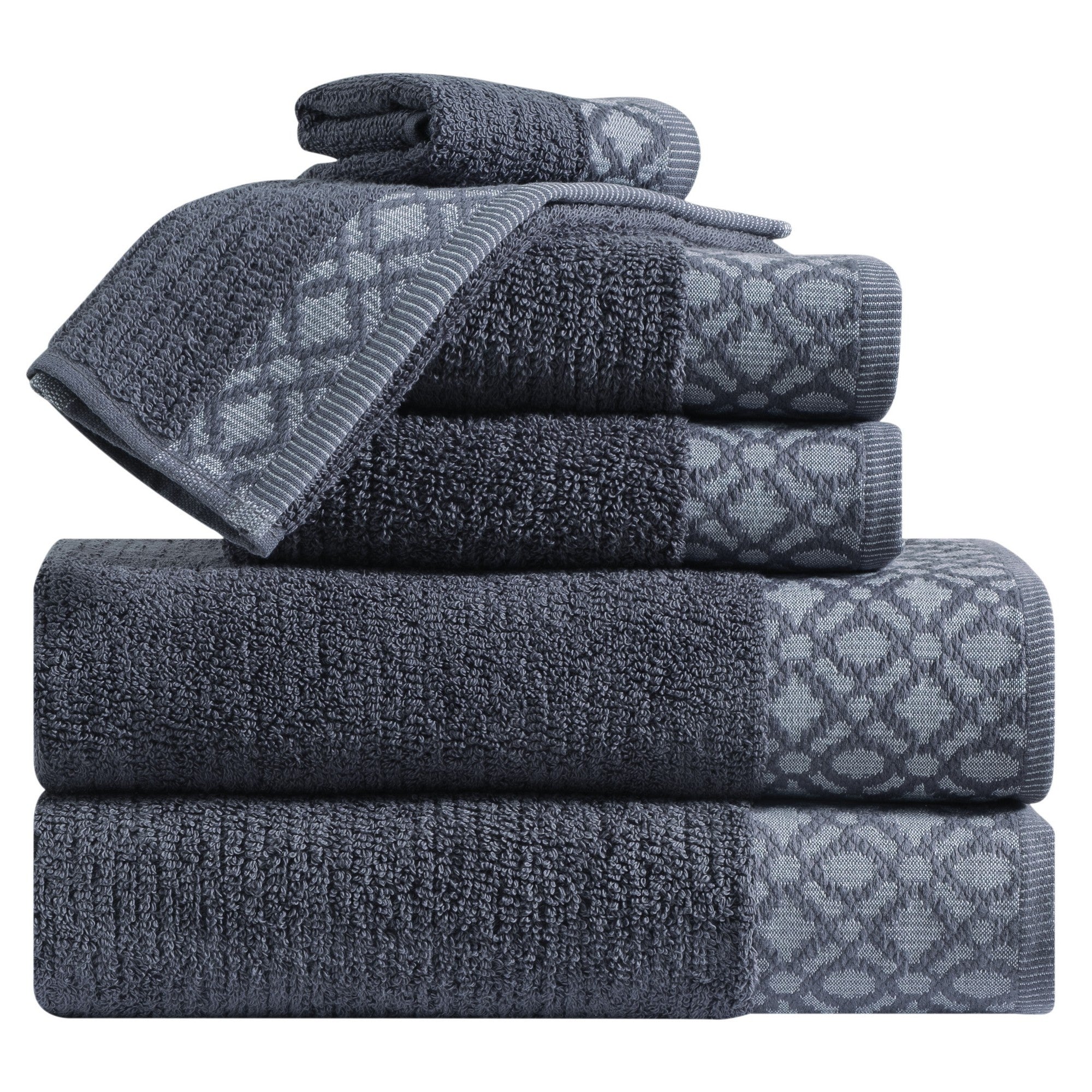 Nitra Collection Cotton Luxury Bath Towels by Market & Place featuring premium 100% cotton construction with an elegant geometric dobby border. Available in multiple colors and set configurations, including bath towels, hand towels, and washcloths, shown folded and stacked to highlight their soft, plush, and absorbent texture.