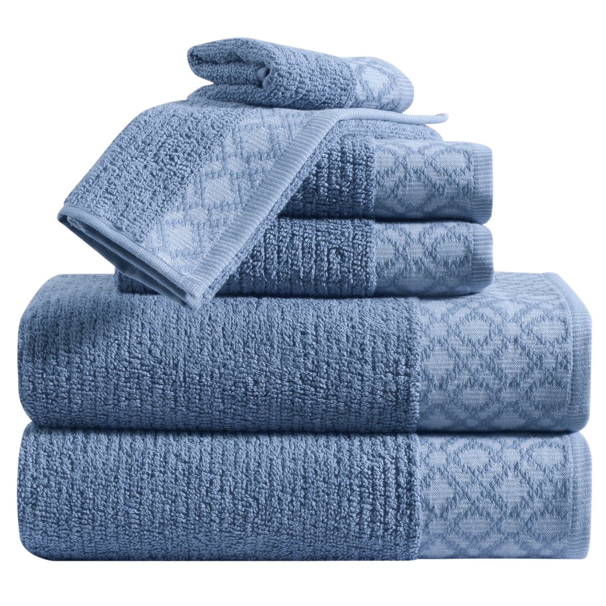 Nitra Collection Cotton Luxury Bath Towels by Market & Place featuring premium 100% cotton construction with an elegant geometric dobby border. Available in multiple colors and set configurations, including bath towels, hand towels, and washcloths, shown folded and stacked to highlight their soft, plush, and absorbent texture.