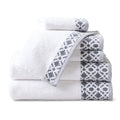 Nitra Collection Cotton Luxury Bath Towels by Market & Place featuring premium 100% cotton construction with an elegant geometric dobby border. Available in multiple colors and set configurations, including bath towels, hand towels, and washcloths, shown folded and stacked to highlight their soft, plush, and absorbent texture.